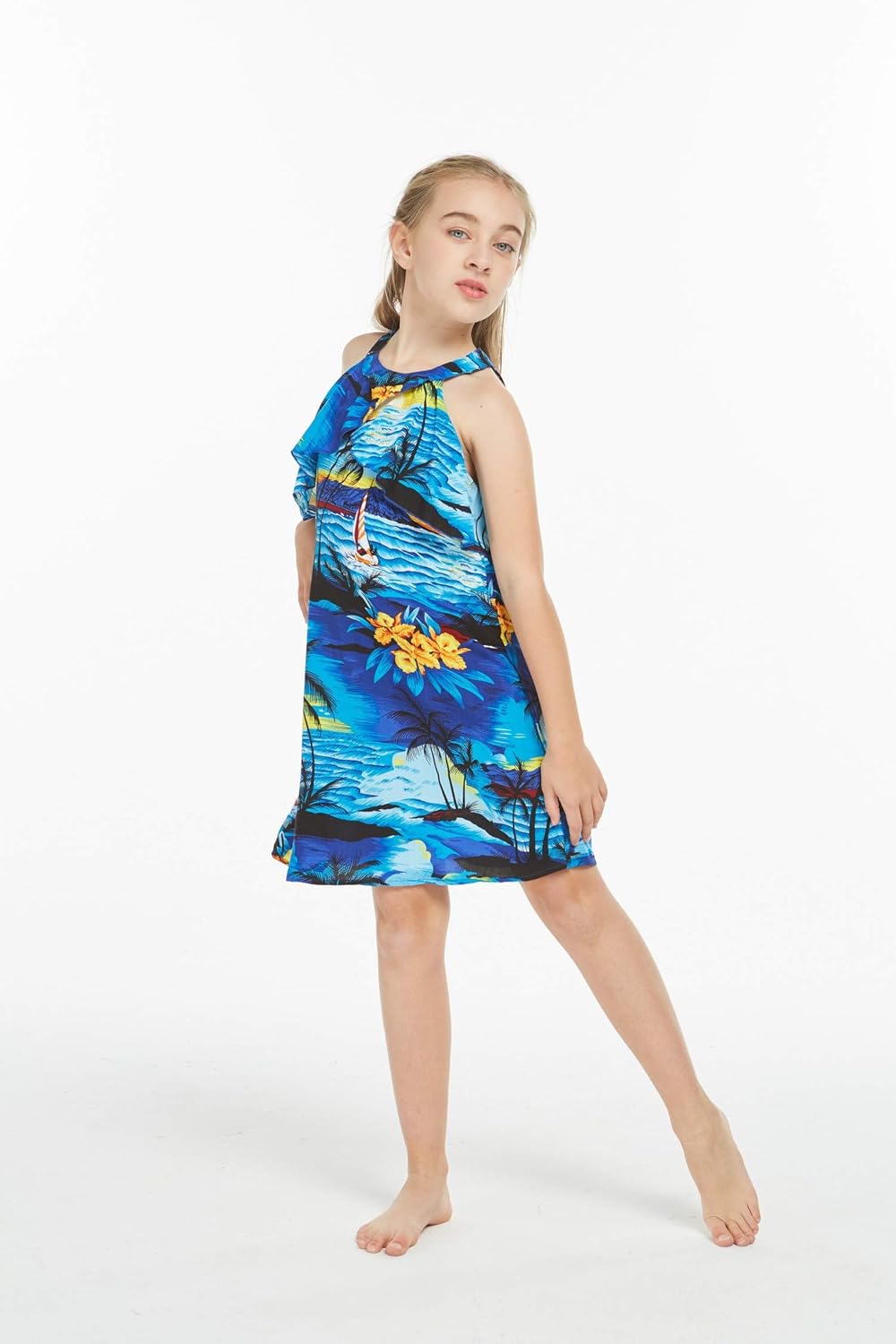 Miniatura 4 de Ropa de Luau hawaiana a juego para hombres, mujeres, niñas, niños en color azul atardecer, Azul