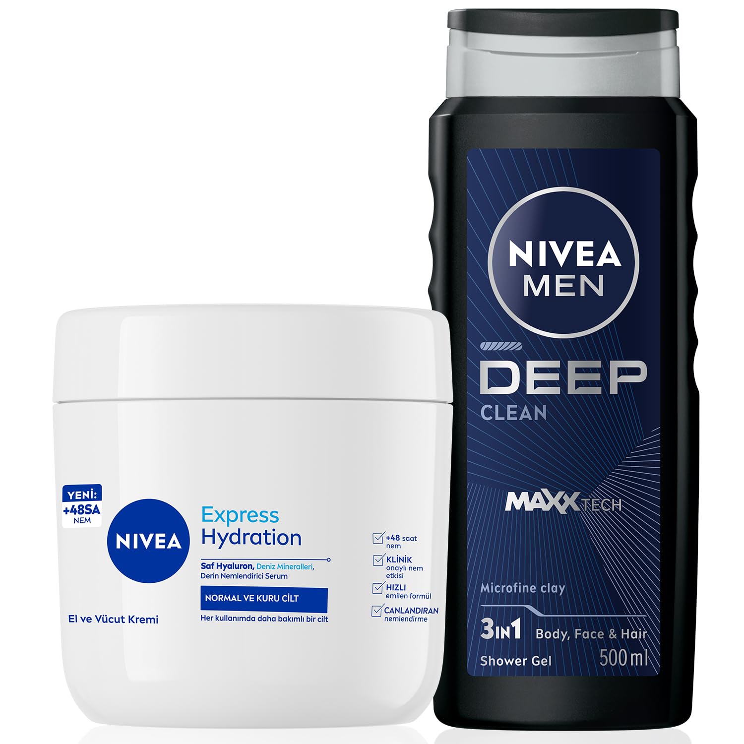 Nivea MEN Erkek Deep Dimension Banyo Duş Jeli 500ml ve Yoğun Nemlendirici El Ve Vücut Bakım Kremi 400ml