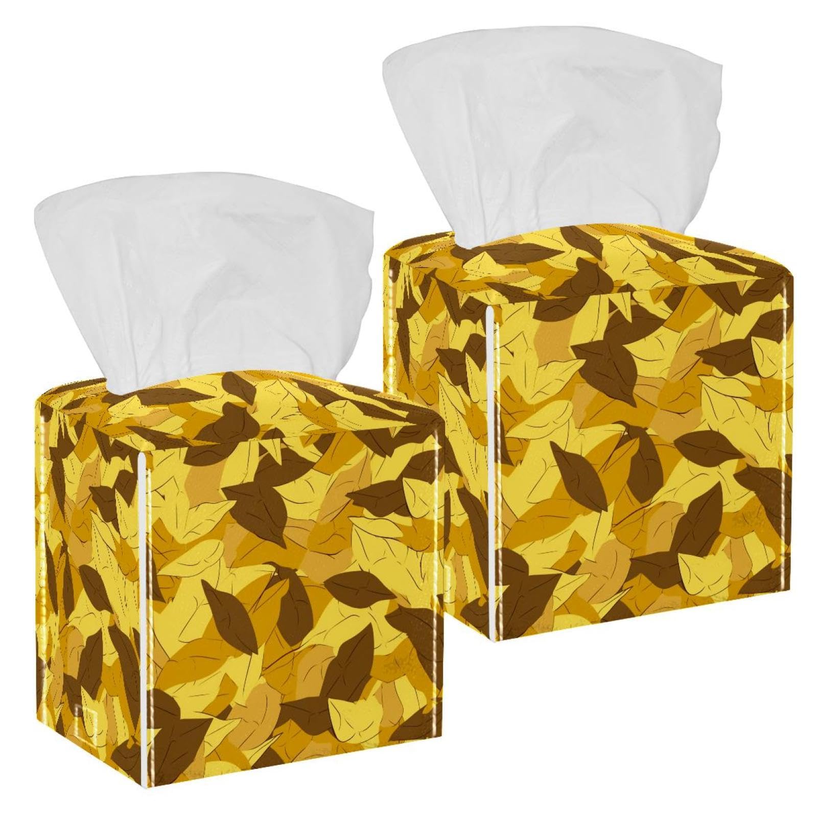 Artistic Leaves Tissue Box Cover, 2 Pack PU Leather Square Facial Tissue Dispenser Box holder for Home Office Car