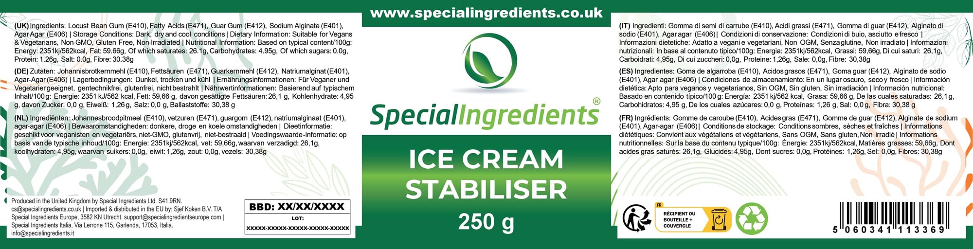 Special Ingredients Ice Cream Stabiliser 250g - Stabilisant pour glaces & sorbets - Convient aux végétariens & véganes - Sans gluten - Non-OGM - Qualité supérieure - Emballage recyclable