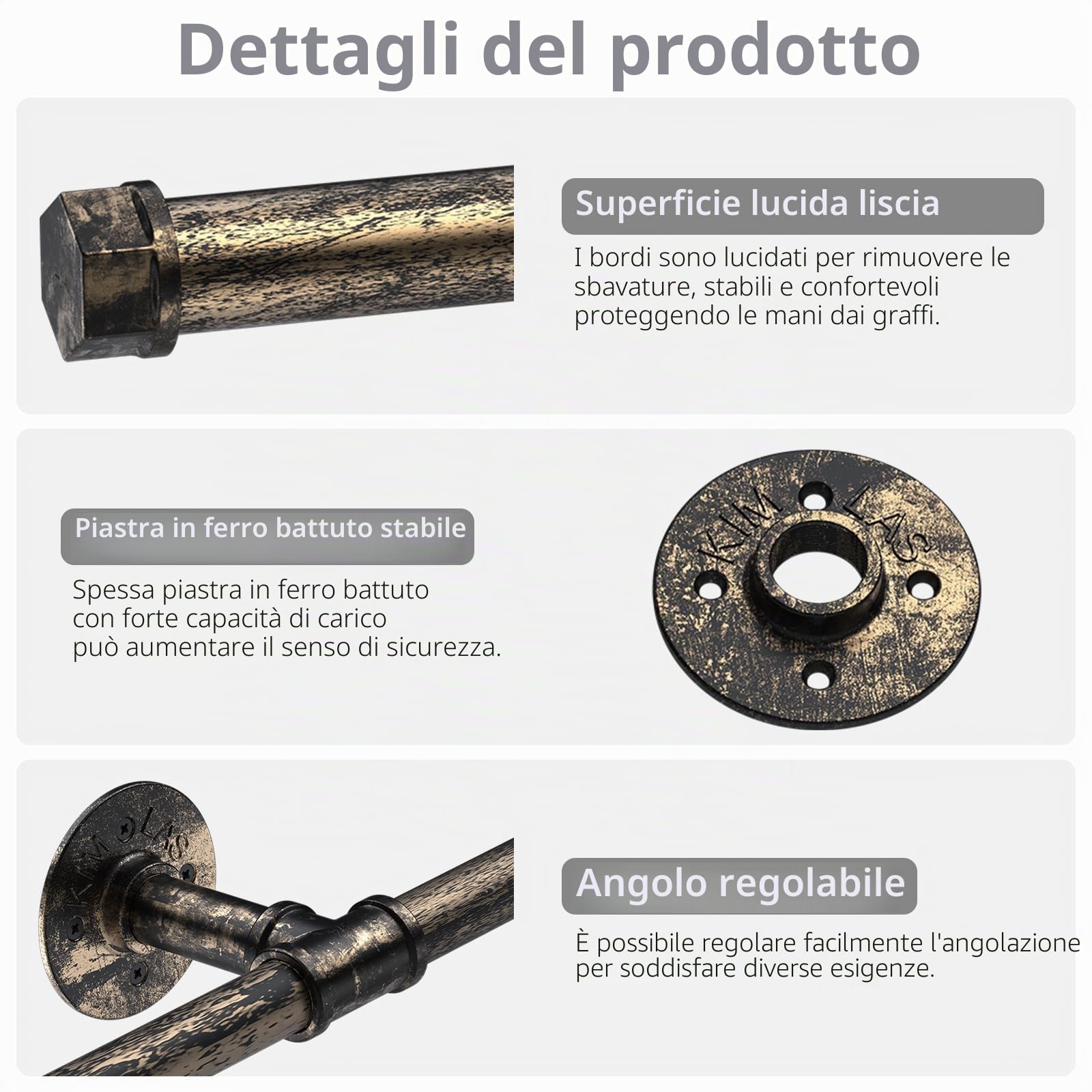 TANiCE Maniglione in Ottone per Scale Corrimano Antiscivolo in Acciaio con Tubo Industriale Supporto Robusto per Interni ed Esterni Installazione Facile per Bambini e Anziani (Bronzo 1,5m)