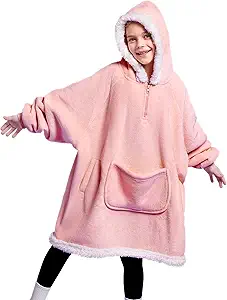 Giggling Getup Wearable Blanket Hoodie for Girls and Boys Sherpa Fleece Hooded Blanket Sweatshirt Warm Cozy Sherpa Wearable Throw Oversized Hoodie with Giant Pocket & Sleeves for Kids Pink