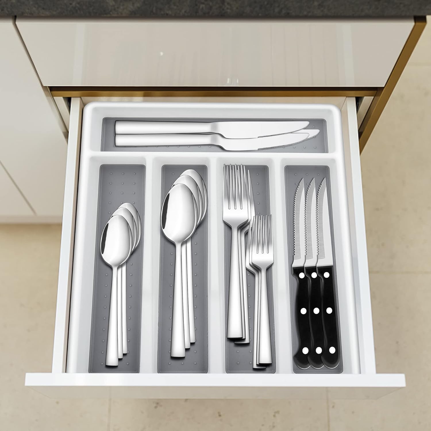 E-far 24-Piece Silverware Set with Steak Knives and Organizer, Square Stainless Steel Cutlery Flatware Set for 4, Basic Tableware Eating Utensil for Kitchen, Mirror Polished & Dishwasher Safe