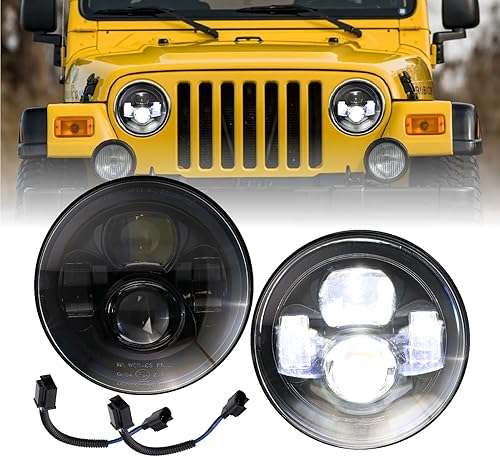 USR 97-06 Wrangler TJ Faros LED de proyector redondos de 7" Pulgadas H6024 con carcasa negra 6024 Haz alto/bajo, faro sellado H6014 (Par) Compatible