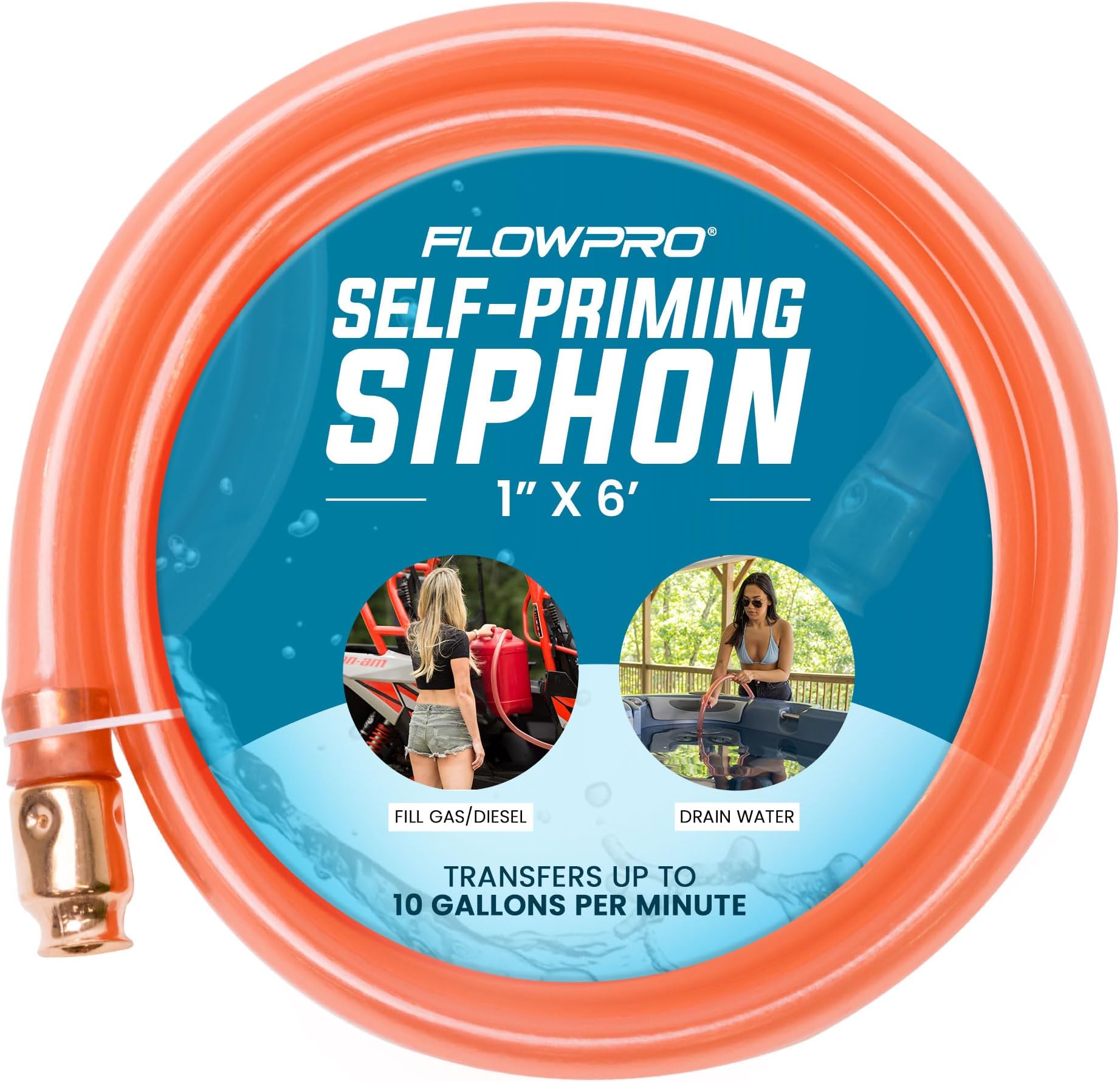 1” x 6’ Self-Priming Shaker Jiggler Siphon Hose, FlowPro Siphon Gas & Fuel Transfer Pump, Gas Can Siphon for Boats, Jet Ski, Pontoon. Water Siphon Pump for Hot Tub Drain and Cold Plunge | 10 GPM