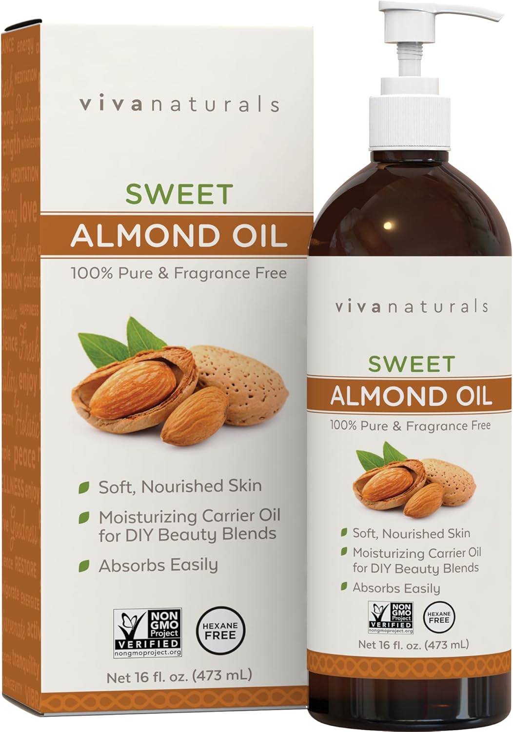 Product image of Viva Naturals Sweet Almond Oil, 16 fl. oz – Skin & Hair Moisturizer, Body & Massage Oil, Carrier Oil for Essential Oils, Non-Greasy & Pure