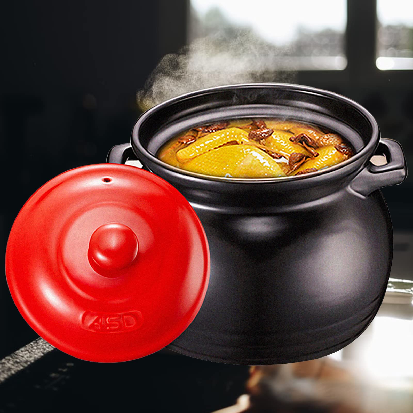 GTHTUHFD Terracotta Casserole Pot/Stew Pot Ceramic Casserole Pan Casserole/Clay Pot/Earthen Pot/Ceramic Cookware With Lid Soup Bowls Holds Heat For 2 Hours After Using - Best Gift,Black-4.6L