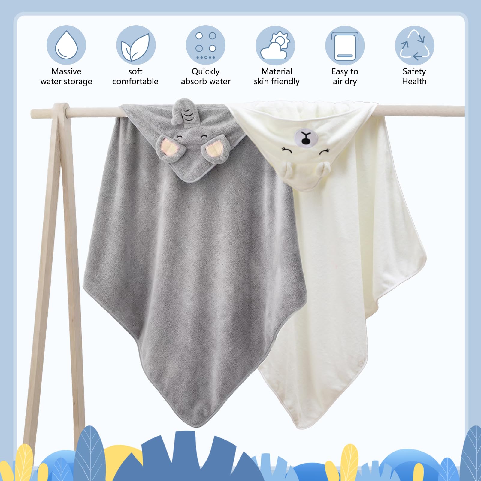 2 pcs Toalla de baño con Capucha para bebé, 80 x 80 cm Cubierta para Toallas para bebés, Cubierta para Toallas para bebés con Terciopelo de Coral
