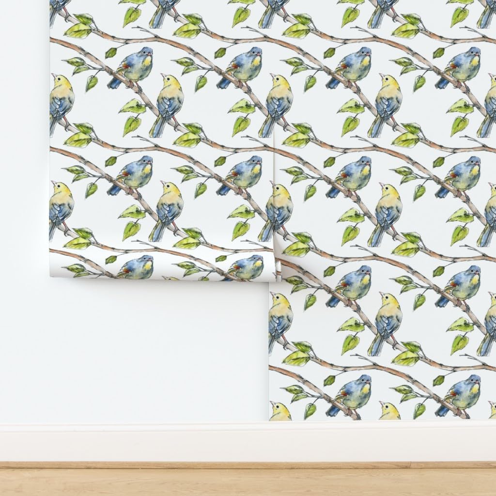 Peel & Stick Wallpaper 3ft x 2ft - Watercolor Birds Nature Bird Painting Happy Branch Green Yellow Bright Woodland Custom Removable Wallpaper by Spoonflower
