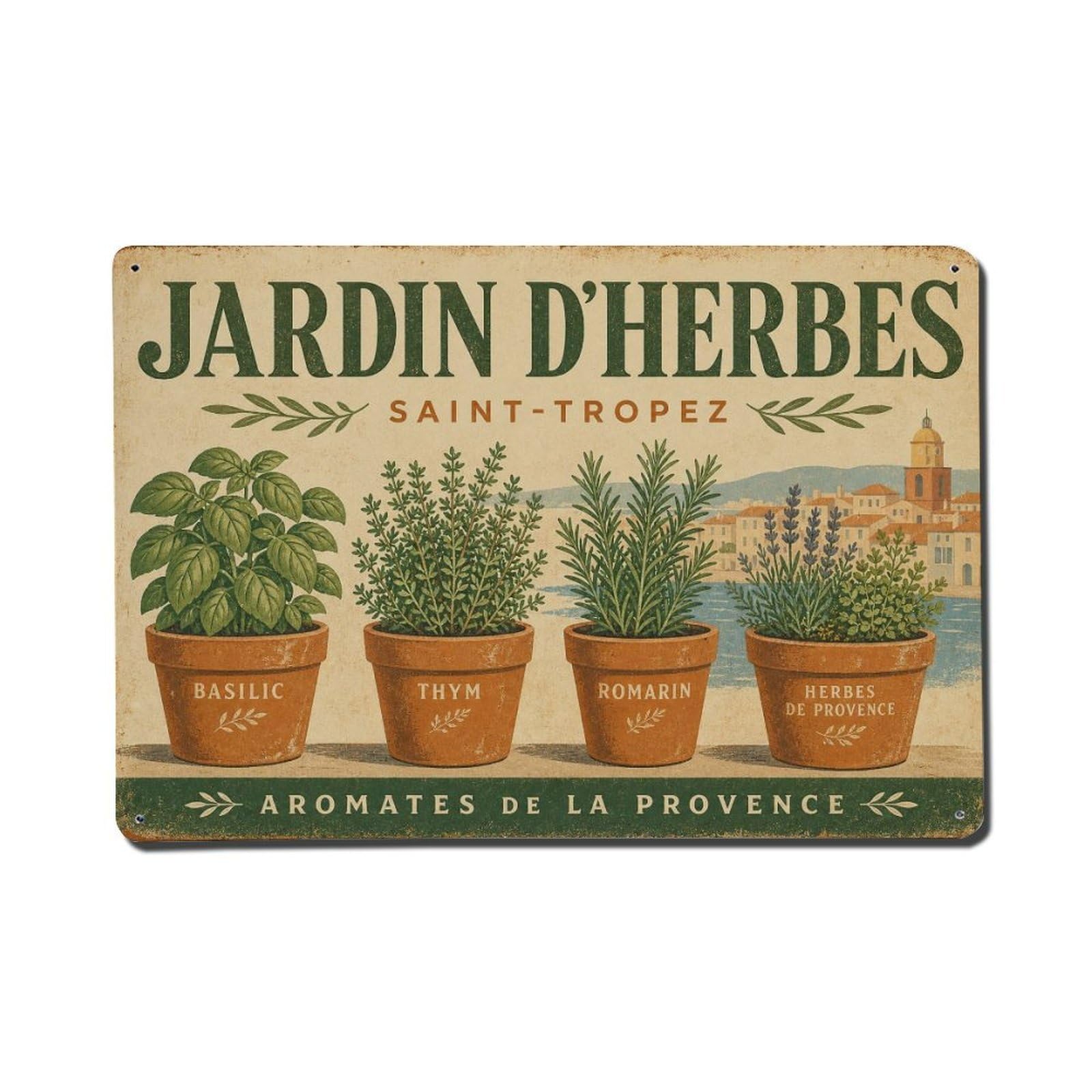 Provence Herb Garden Heritage Mediterranean Metal Tin Sign Plaque Wall Decor for Cafe, Man Cave, Club Bar, Office, Home Garden Round Metal Poster 8x12Inch