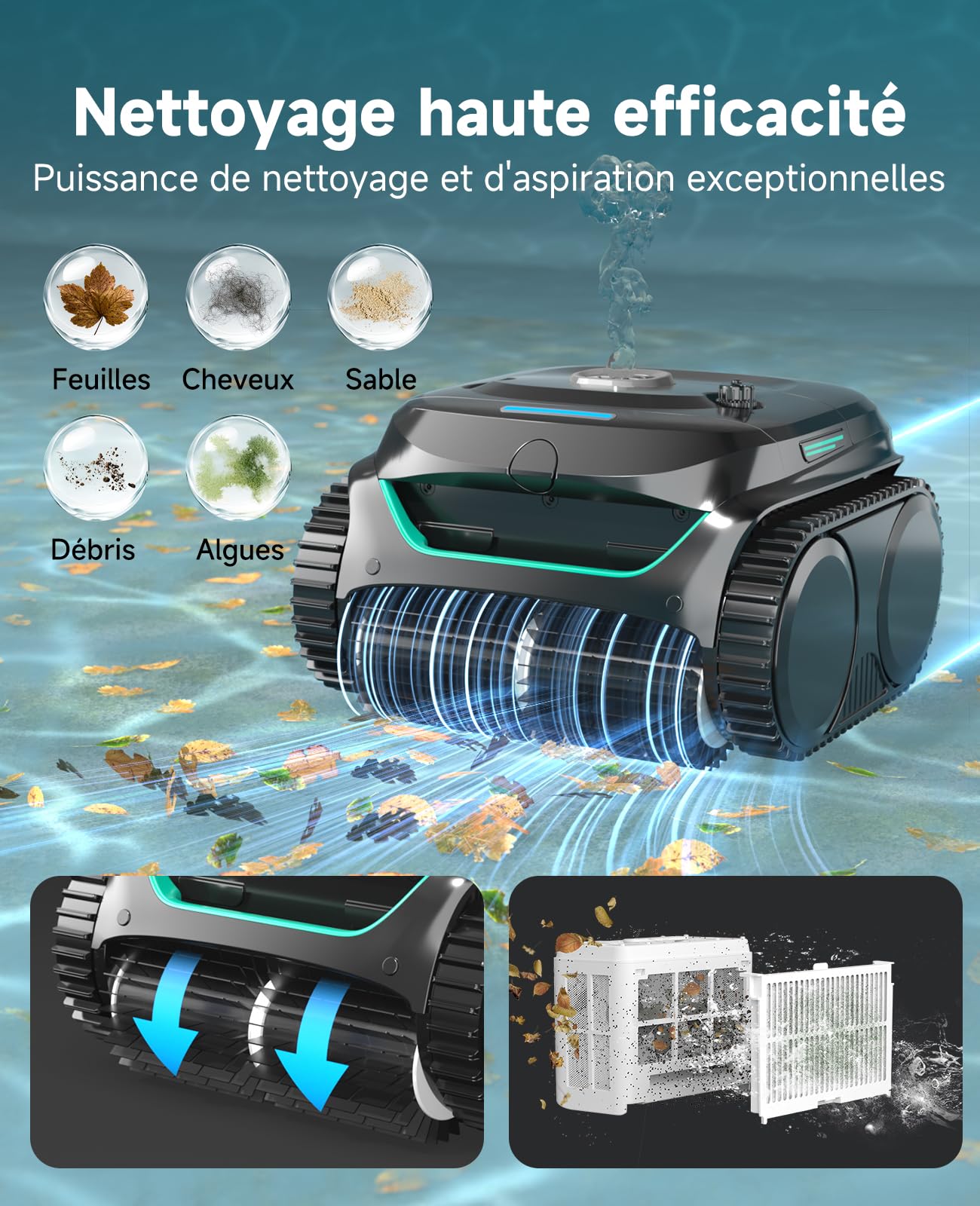 WYBOT C2 – Robot Piscine sans Fil, 3 Moteurs, Double Filtration, Nettoyage Fond, Parois Et Ligne d'eau, Autonomie 180 Min, pour Piscines Enterrées Max 150㎡, App Incluse(Vert Charbon-Gris)