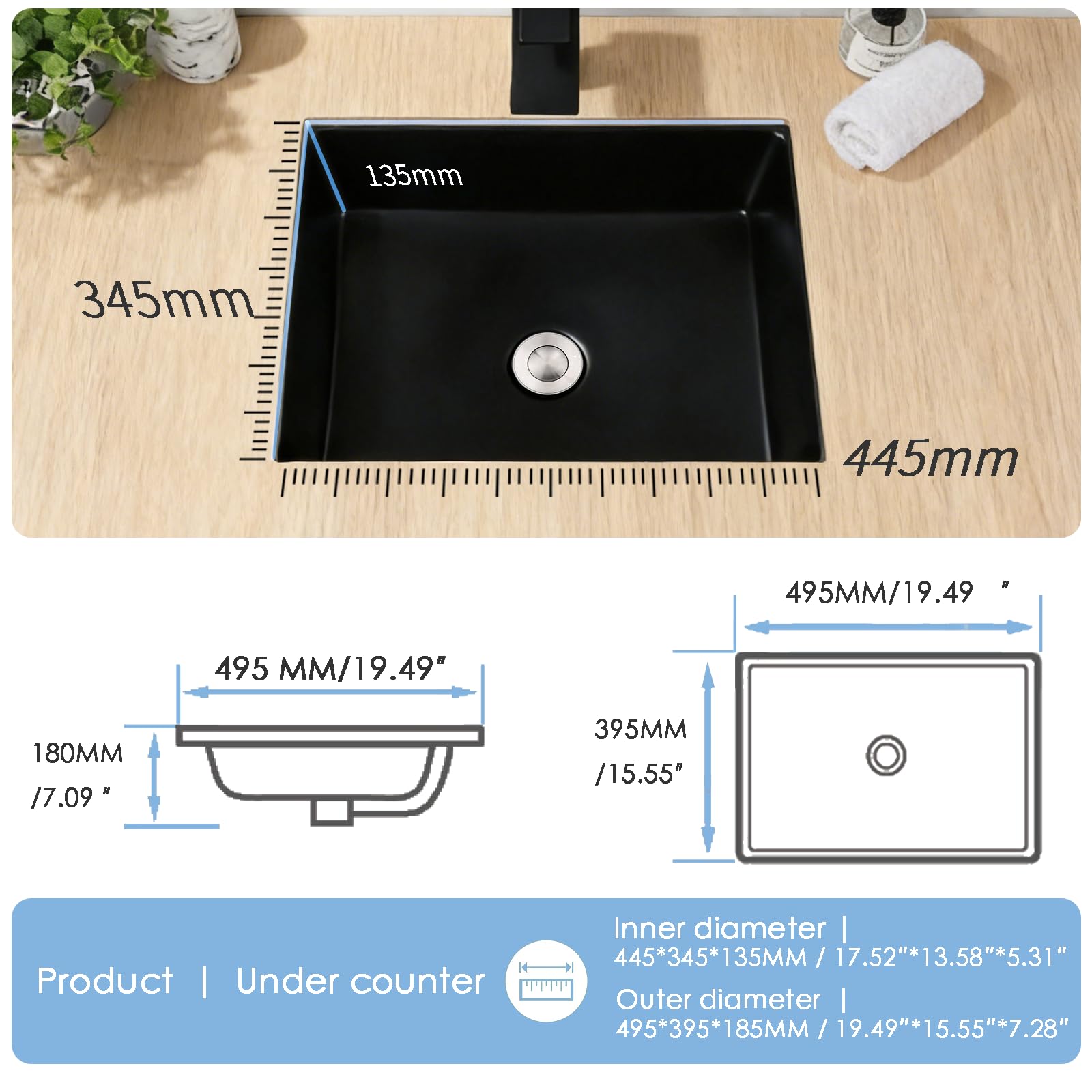 Schwarzes Keramik Unterbauwaschbecken 50x38x18 cm Rechteckig mit Überlauf - Einbauwaschbecken für Badezimmer & Gäste WC, inkl. Pop-up Ablauf Edelstahl