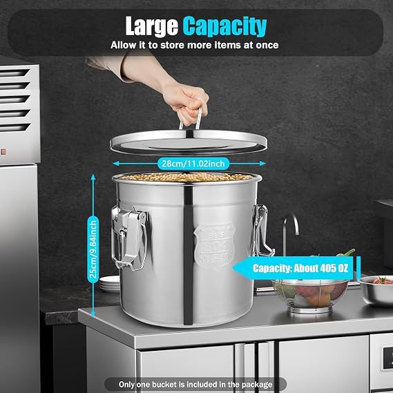 Stainless Steel Airtight Canister - 304 Stainless Steel Storage Box with Lid, 12L Metal Bucket Food Storage Container, Kitchen Storage Bucket for Storing Rice, Flour, Cereals, Tea, Spices