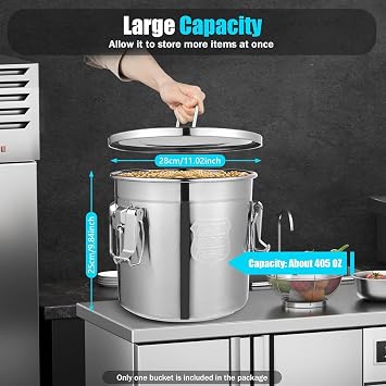Stainless Steel Airtight Canister - 304 Stainless Steel Storage Box with Lid, 12L Metal Bucket Food Storage Container, Kitchen Storage Bucket for Storing Rice, Flour, Cereals, Tea, Spices