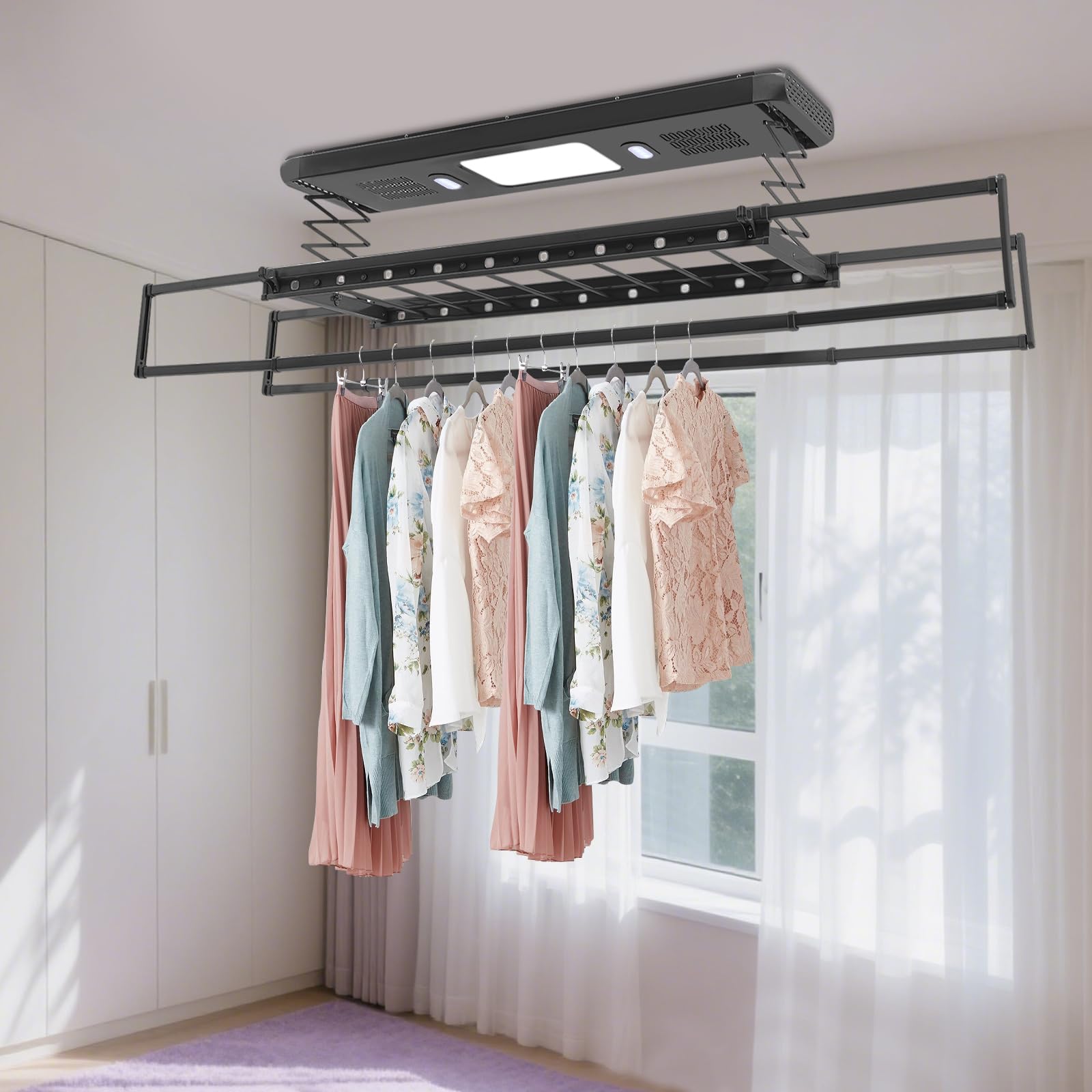Stendibiancheria elettrico con telecomando, asciugacapelli a soffitto con illuminazione a LED, 2 ventilatori, funzione di sterilizzazione della luce blu, stendibiancheria da parete per balconi