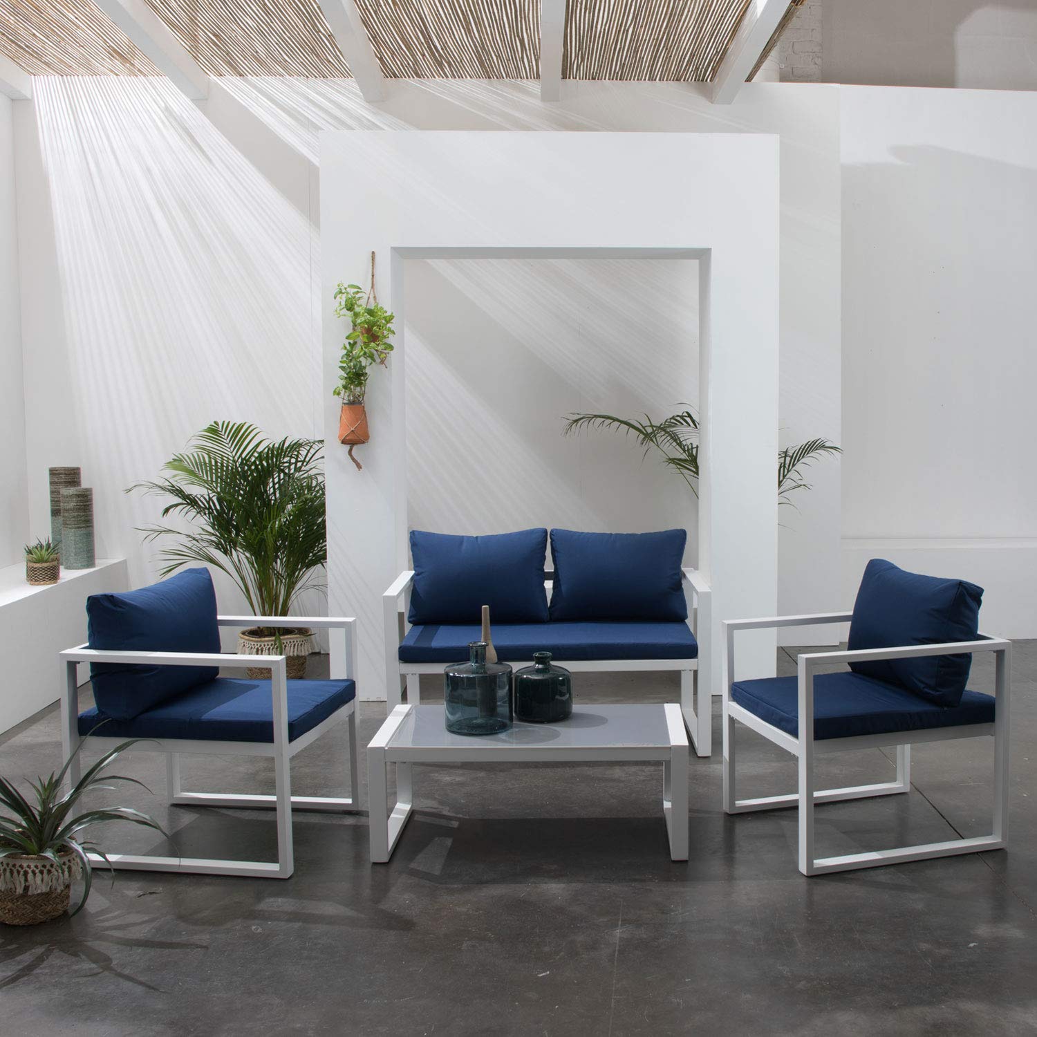 Happy Garden Salon de Jardin Ibiza en Tissu Bleu 4 Places - Aluminium Blanc