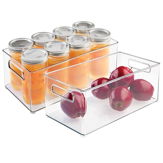 mDesign Plastic Stackable Kitchen Organizer - Storage Bin with Handles for Refrigerator, Freezer, Cabinet, and Pantry Shelves Organization - Food Container - 2 Pack - Clear