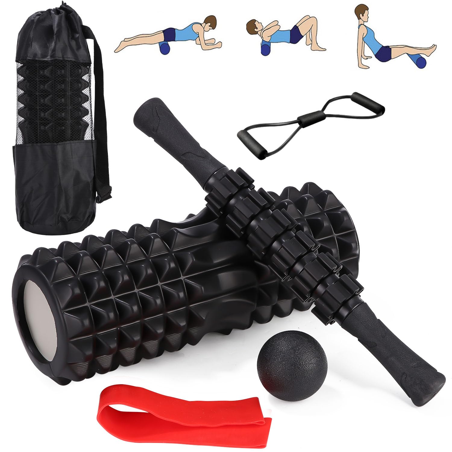 Set di Foam Roller 5 in 1, Roller Pilates ad alta Densità, Rullo per Massaggio,Pallina Massaggio Muscolare, Tenditore, Fascia di Resistenza per Massaggio, Esercizi di Fitness Attrezzi Pilates