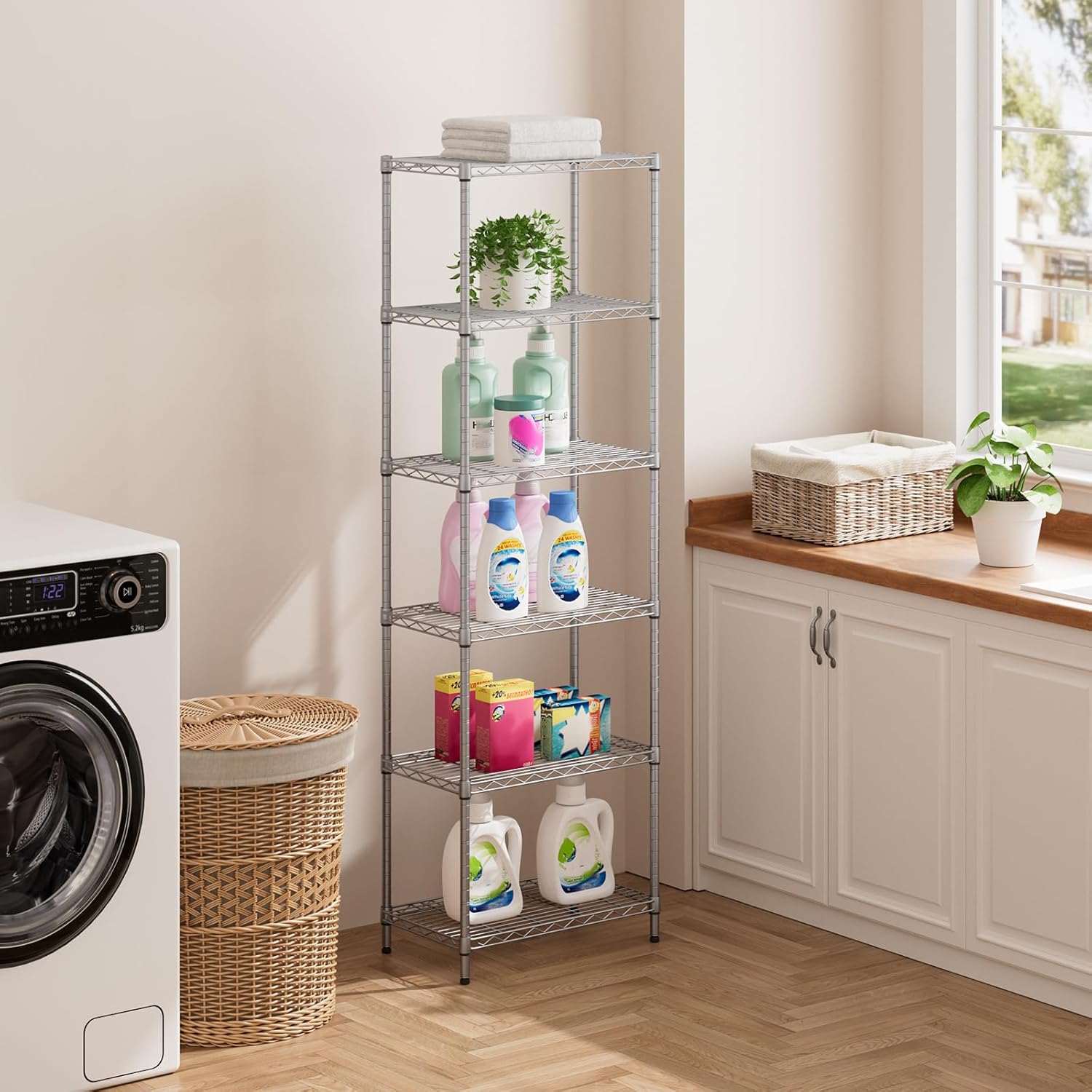 SINGAYE 6 Shelf Wire Shelving Unit Adjustable Metal Shelves Standing Bathroom Organizers and Storage Wire Closet Metal Pantry Kitchen 12" DX22 W 69.5" H Gray