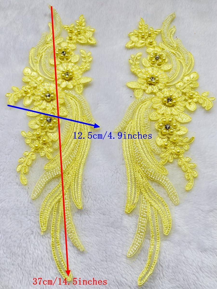 Handmade Lace Fabric Beaded Applique Perfect Shining Trim Patches for DIY Wedding Bridal Dress Costume Patch Decor 1Pair/Bag (Light Green)