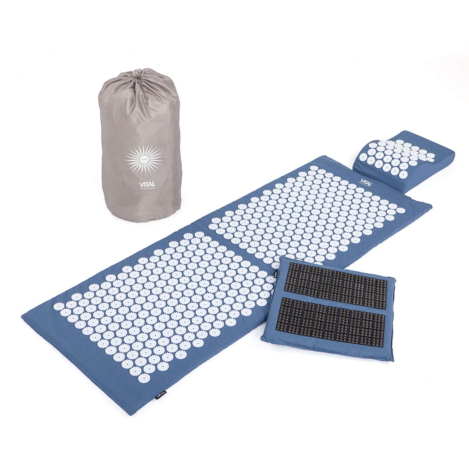 Bodhi Vital - Esterilla de acupresión XL Deluxe, juego de alfombrilla de masaje con alfiletero, felpudo y bolsa, automasaje para el hogar, alfombrilla para el cuello y el dolor de espalda, color azul
