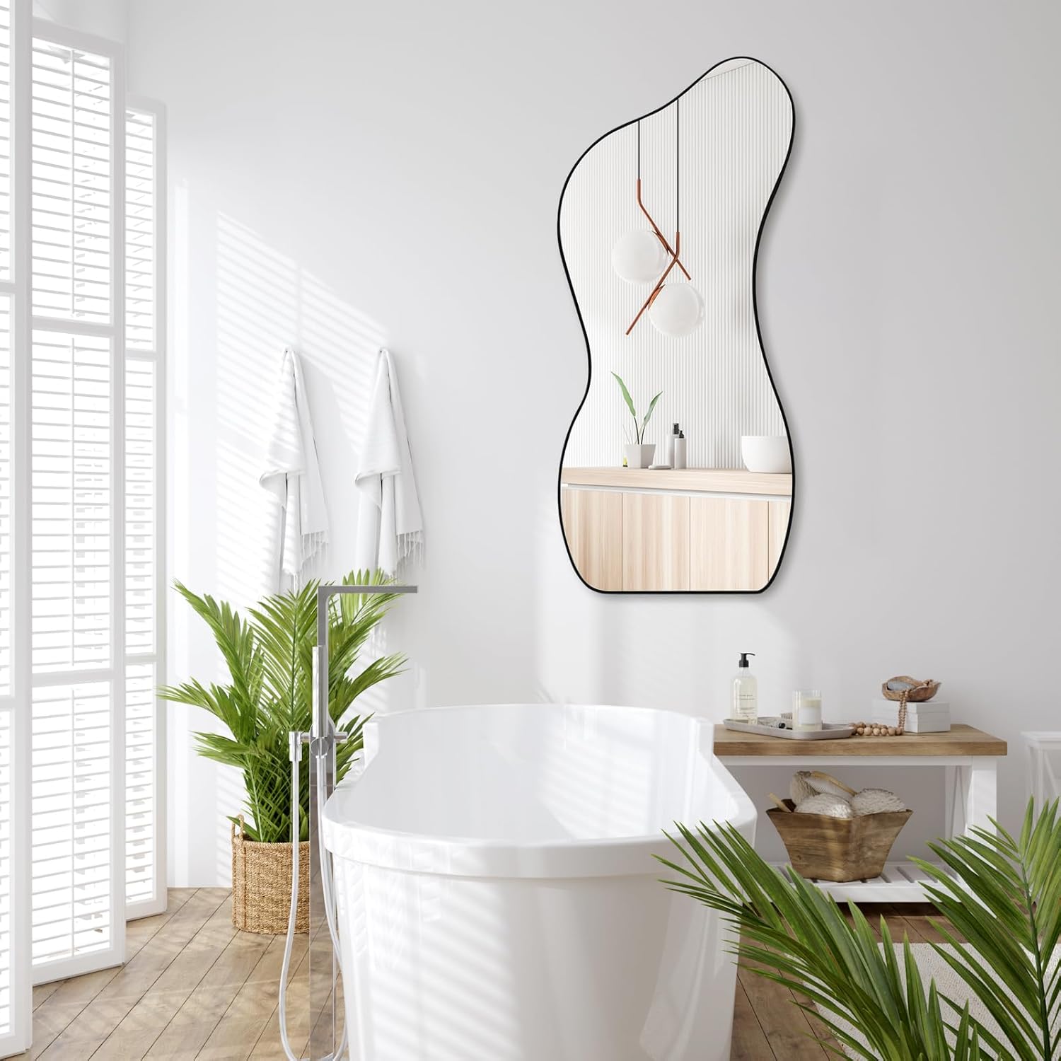 Large Irregular Wall Mirror 47.2"x22", Unique Shaped Black Asymmetrical Mirror, Modern Oblong Wavy Mirror for Living Room,Bathroom,Entryway,Dining Room