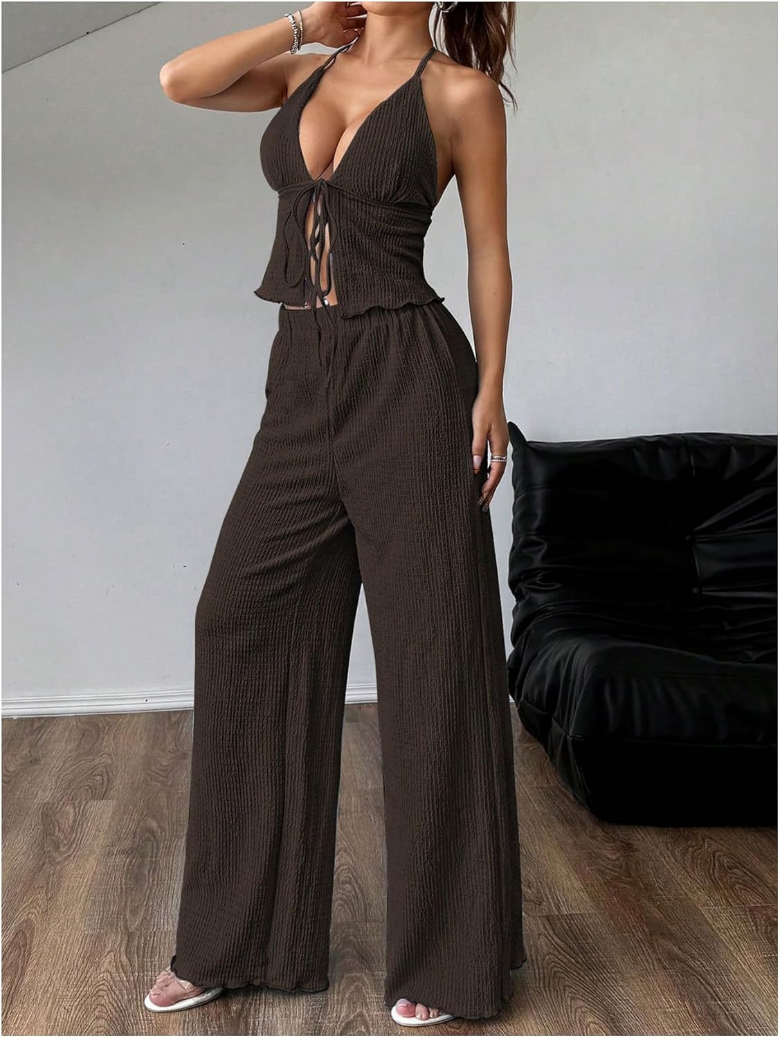 SOLY HUX Women's Sexy 2 Piece Outfits Sleeveless Halter Top and Wide Leg Pants Set - Image 4