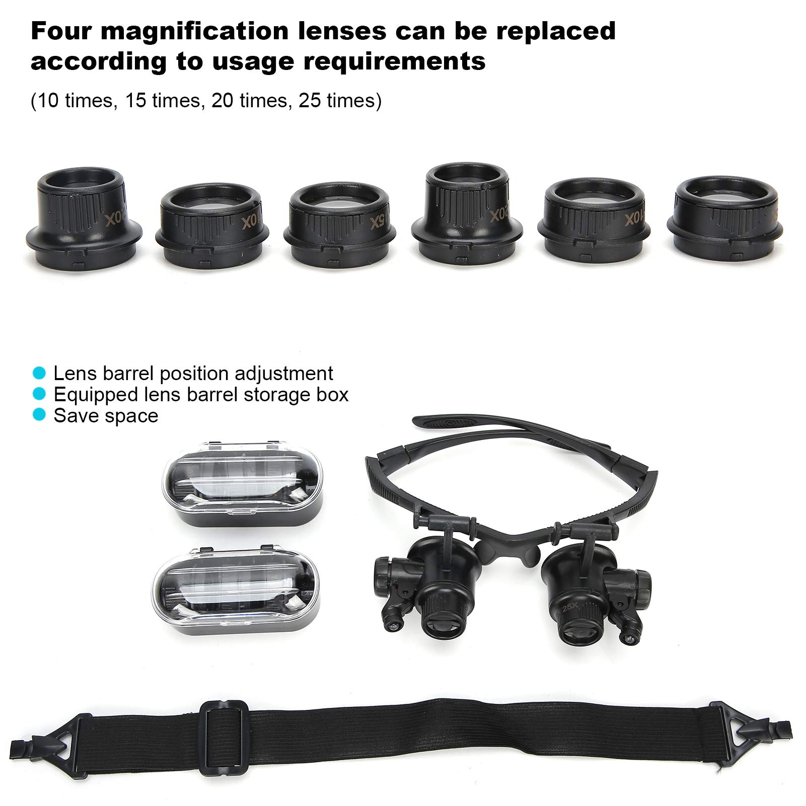 Lupa de Cabeza, 10x 15x 20x 25x Lupa con luz LED Lupa Reparación de Relojes Lupas Diadema Ajustable Lupa Lente para extensión de pestañas Tatuaje Joyero Lectura