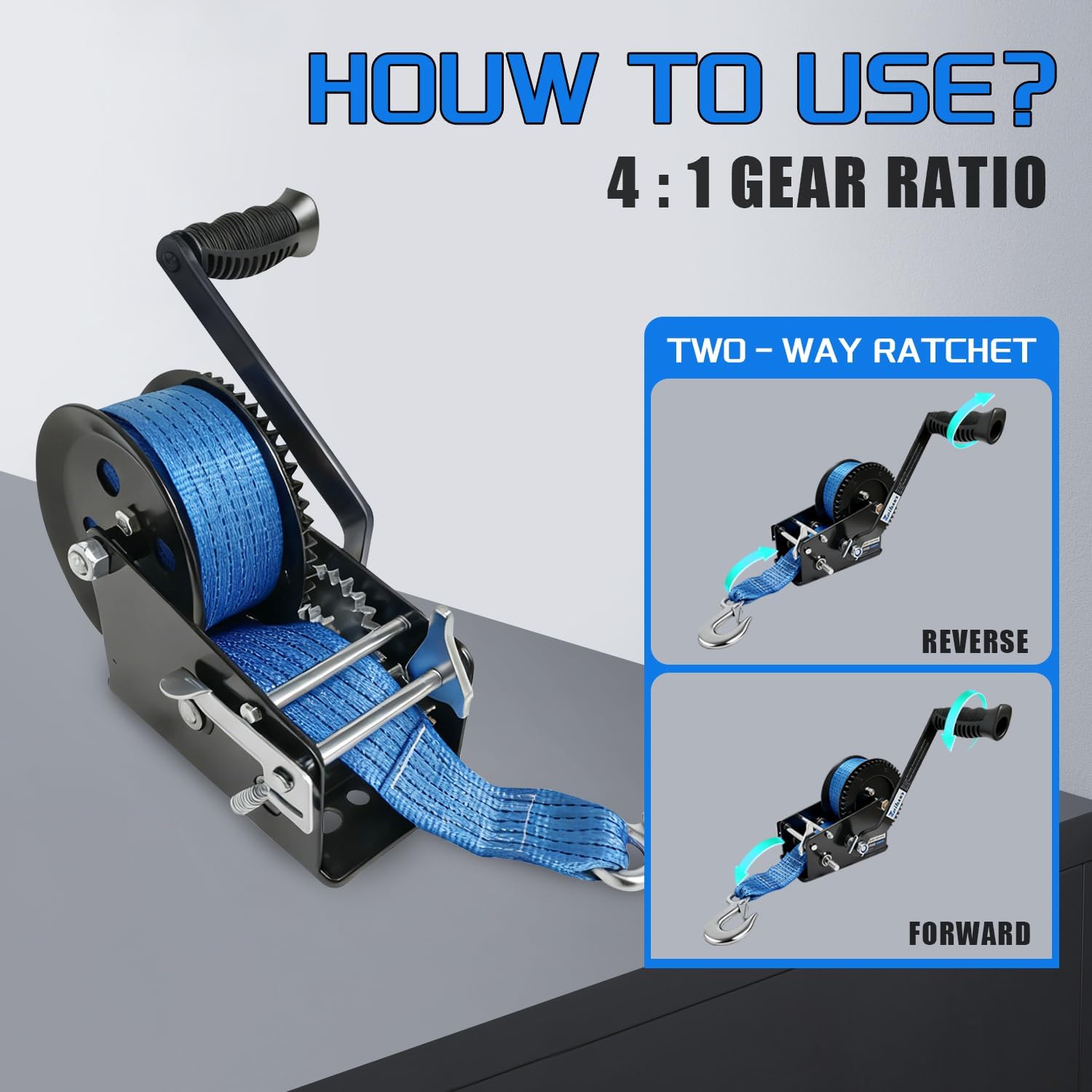 Heavy Duty Boat Trailer Winch, 3500 Lbs Hand Winch with 32ft Strap,Crank Winch Two-Way Ratchet & 4:1 8:1 Gear Trailer Winch for Trucks,Trailers, Rv, ATV, Jet Skiing Trailer Small Winch