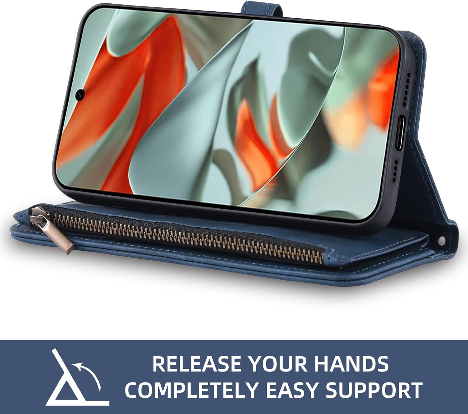 Asuwish Phone Case for Google Pixel 9 Pro XL Wallet Cover with Screen Protector Crossbody Wrist Strap Leather Flip Pattern Zipper Credit Card Holder Stand Cell Pixel9 9Pro 9ProXL Nine Women Men Blue