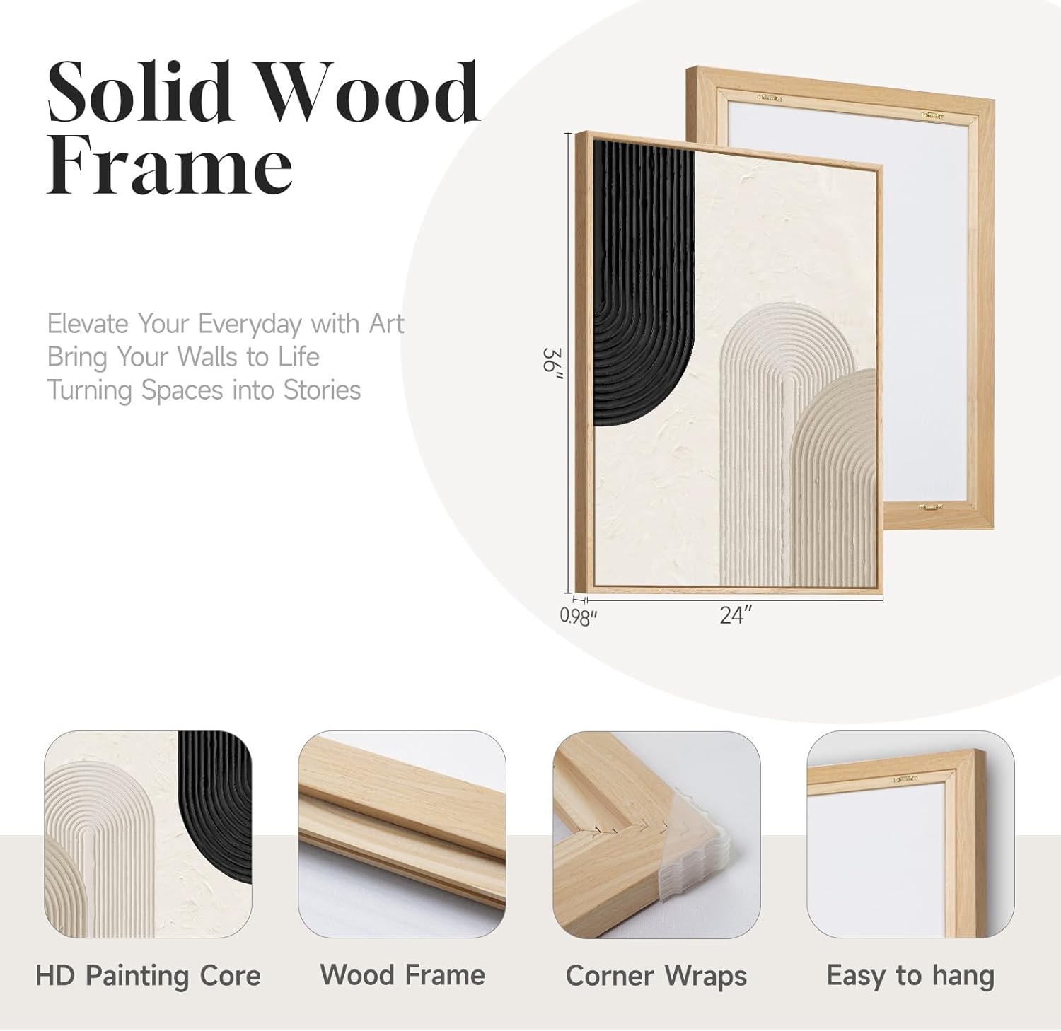 Large Framed Boho Neutral Abstract Wall Art for Living Room, 3 Piece Black and Beige Canvas Prints Artwork for Walls, Modern Minimalist Geometric Wall Decor for Bedroom Dining Room Hallway, 24x36 In