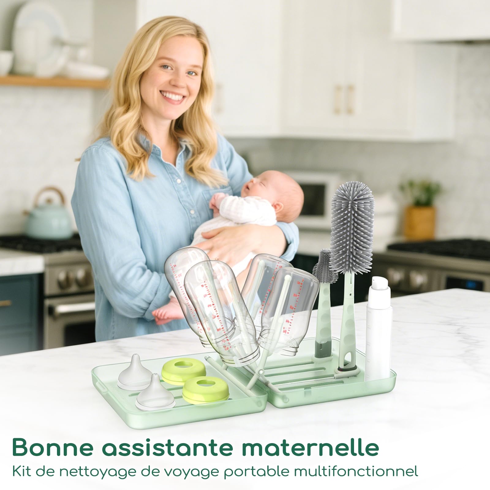Goupillon Biberon Silicone, Kit Nettoyage Voyage INCL. Brosse pour Biberon, Tétine, Paille, Distributeur, Egouttoir Intégré, Étui, Nettoyeur Biberon Portable Prêt pour Sortie Bébé (Vert Sauge)