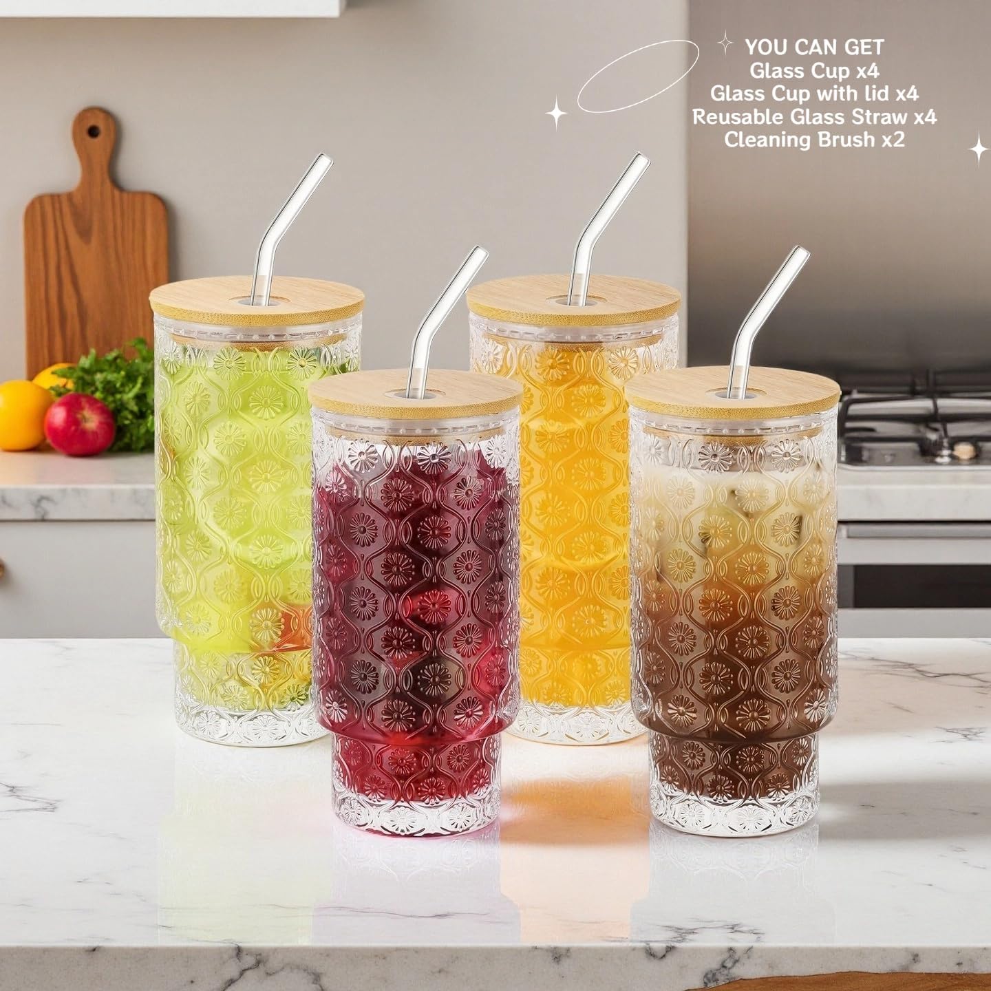 Vintage Glass Cups with Bamboo Lids and Straws–4Sets 11oz Iced Coffee Cups for Women, Aesthetic Glass Tumblers for Juice, Cocktail, Whiskey – Housewarming Gifts for New Home, Coffee Bar Accessories - Image 3