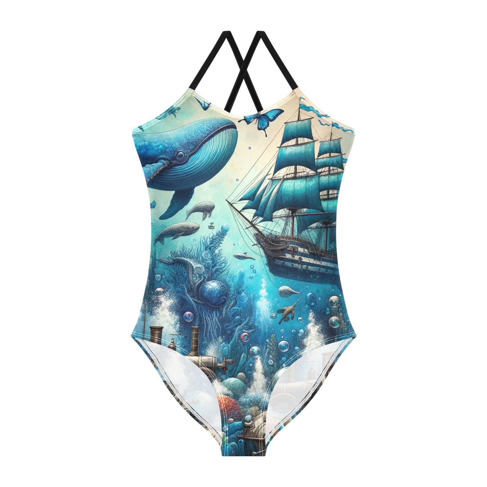 CHIFIGNO Fantasy Vintage Ocean Lives Girls Bathing Suit Quick Dry Crossback One Piece Swimming Suit with Adjustable Strap 5-6 Years