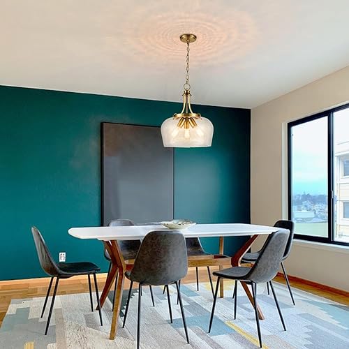 Miniatura 4 de Moderna lámpara colgante dorada de mediados de siglo con 3 luces de cristal transparente con cadena ajustable, luces colgantes de vidrio de latón,