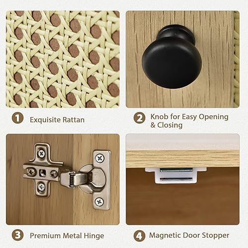 Miniatura 7 de Tangkula Mesa auxiliar de ratán, mesa auxiliar de sofá interior con estante y gabinete de puerta de ratán, base de acero, acabado de madera, mesita