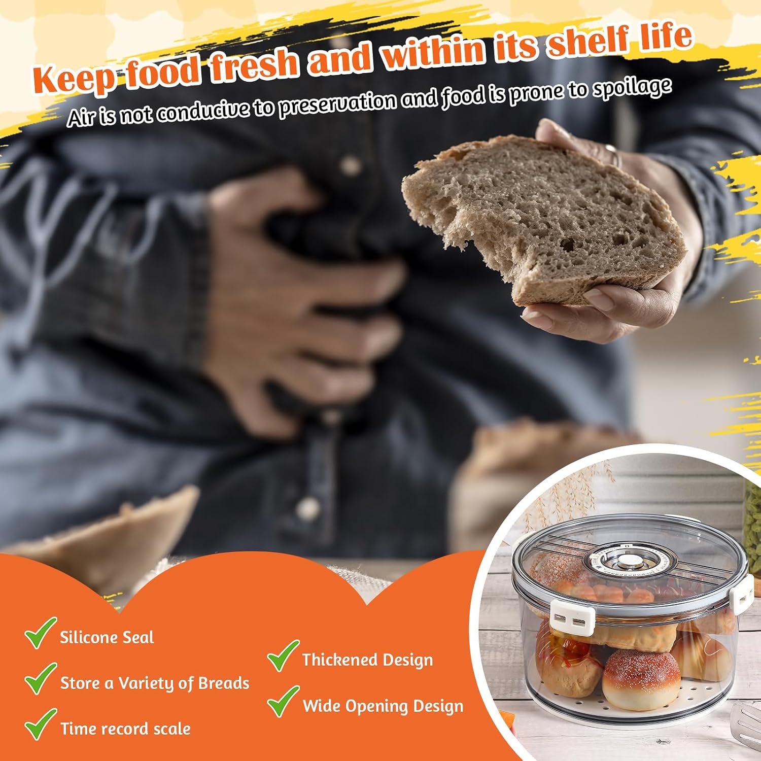 Baderke 8.86 Inches Airtight Bread Box with Stainless Steel Bread Tong Bun Storage Container Round Time Recording Pastry Keeper with Lid for Homemade Loaf Bagel Cookies Toast and Cupcakes