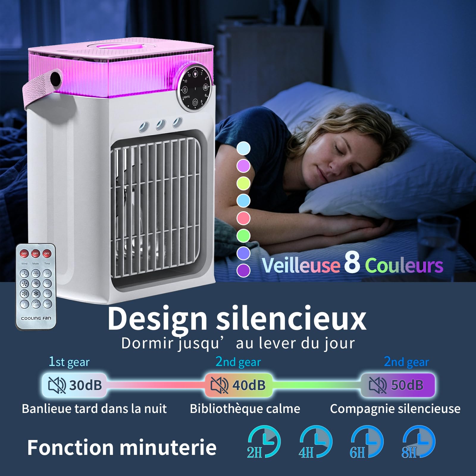 YFFU Climatiseur Mobile avec Télécommandé,1200ml Rafraîchisseur d’Air RGB 8 Couleurs,3 Vitesses,3 Modes de Brume, Minuterie 2-8h, Mini Clim Portative pour Pièce et Extérieur,Nuage Blanc