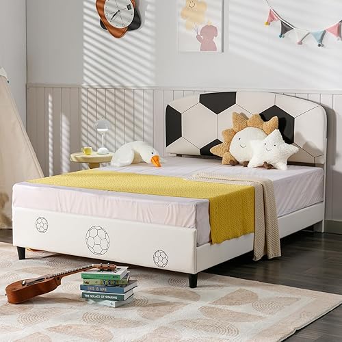 Miniatura 2 de ZAFLY Marco de cama de tamaño individual para niños, marco de cama infantil con cabecera de piel sintética, listones de madera fuertes, marco de