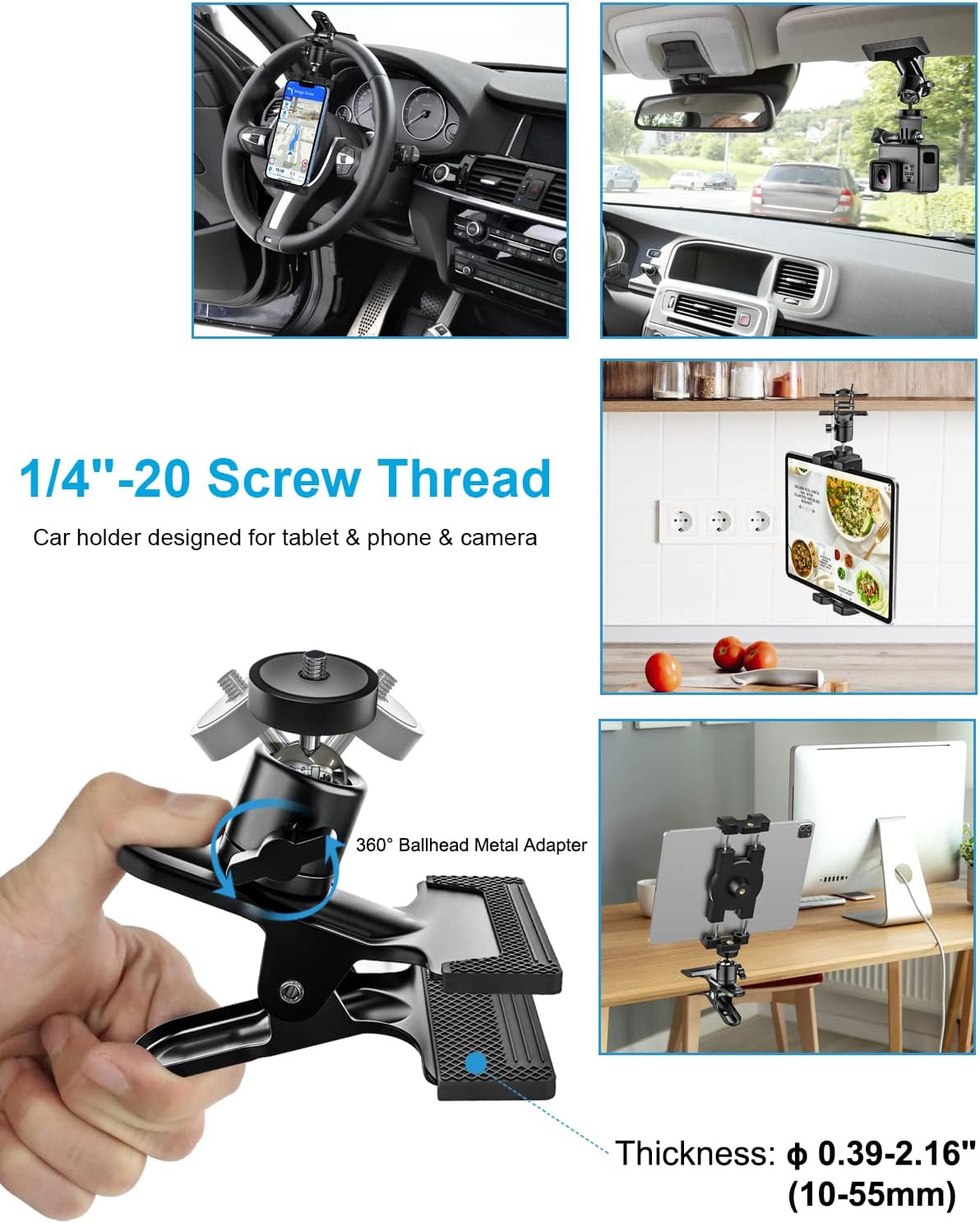 Sun Visor Car Tablet Holder, Visor Clip Tablet Mount for Car, 360° Rotation Universal Steering Wheel Tablets Clamp with 1/4'' Screw for iPad Pro Air Mini, Phone, Switch, 4.7-13" Devices/Camera