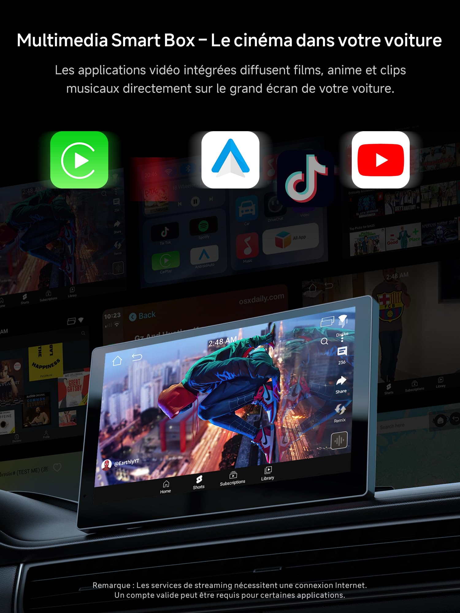 Adaptateur CarPlay sans Fil Android Auto, Boîtier AI Vidéo Auto 3-en-1 pour CP/AA Filaire OEM, 4G+32G, Double Wi-FI & Hub IoT Bluetooth, pour Netflix/Youtube/TikTok/Carte TF, CB4B