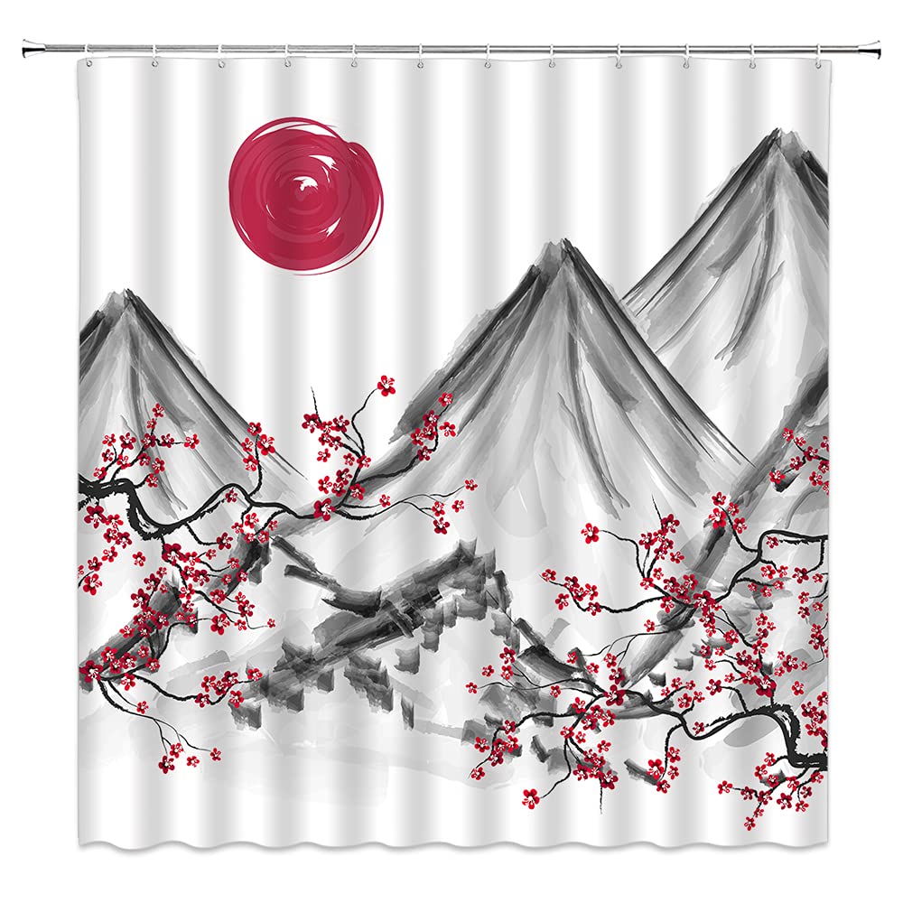 Japanese Mountain Shower Curtain Red Cherry Blossom Plum Sun Asian Plum Blossom Mountain Bird Ink Painting Oriental Theme Landscape Polyester Bathroom Decorative Curtain with Hook