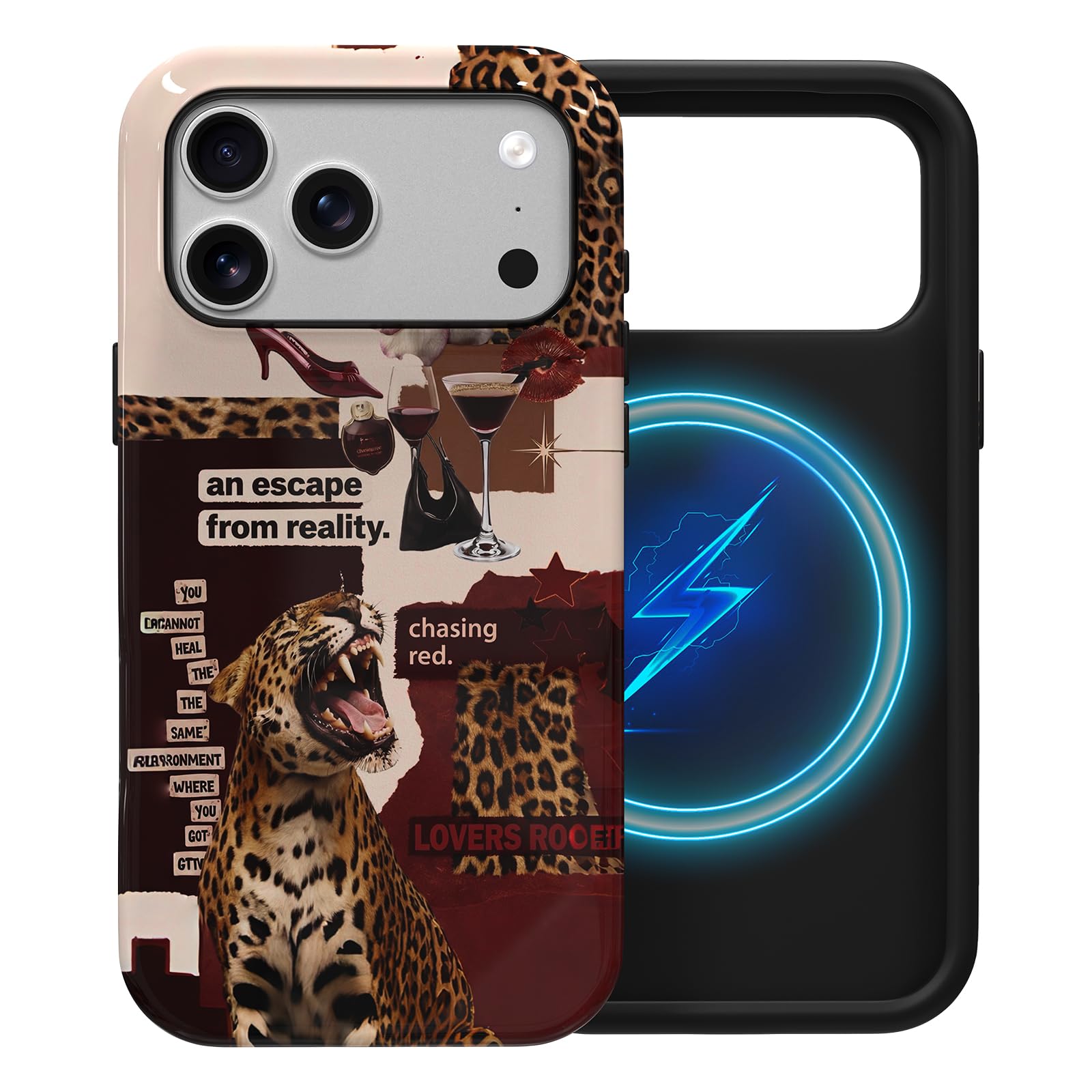 Coque iPhone 17 Pro léopard rouge avec collage esthétique guépard et support Magsafe - 8