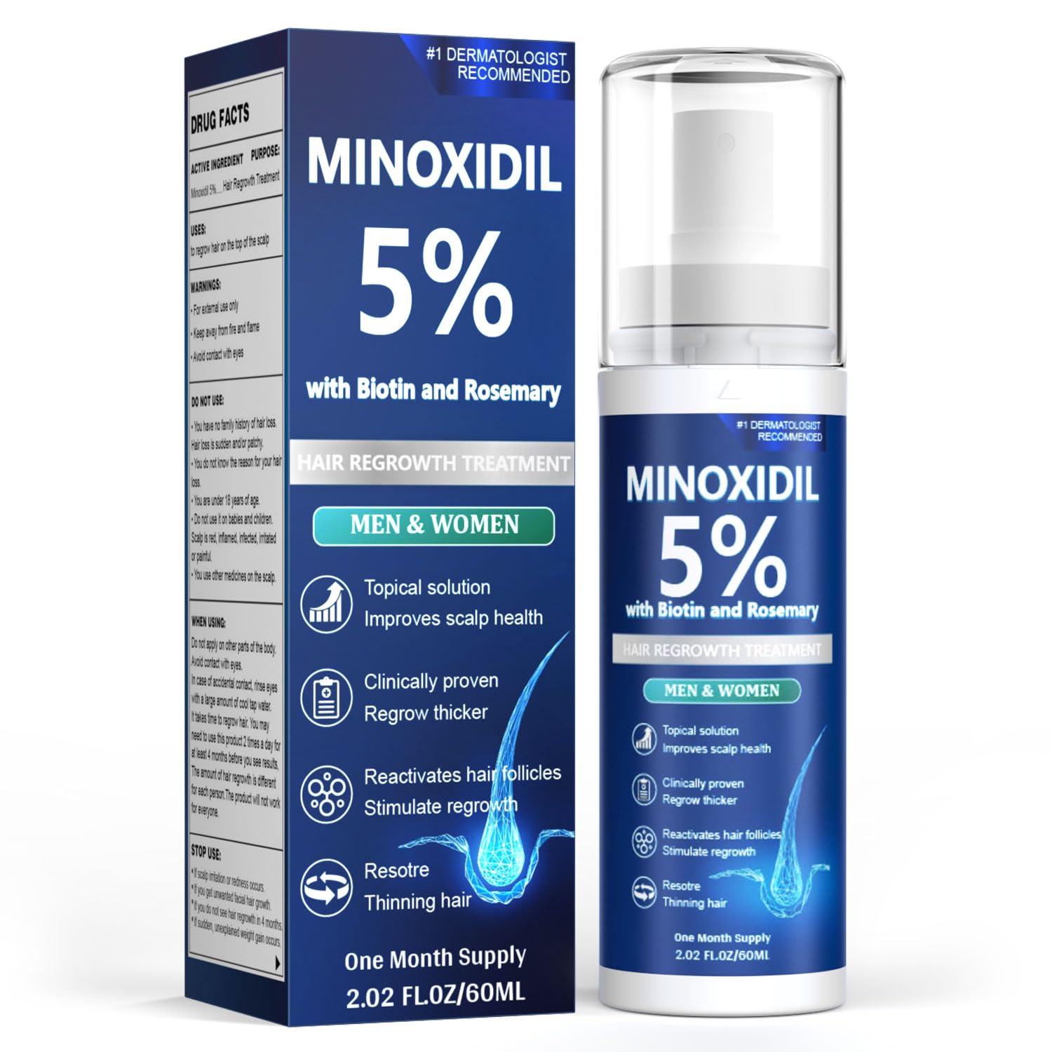 Minoxidil for Men and Women, Hair Growth Serum with Biotin, Rosemary and Batana for Hair Beard Regrowth Treatments Extra Strength Hair Loss Solution, Clinically Proven to Regrow Thicker, 60ML 2.02 Fl Oz (Pack of 1)