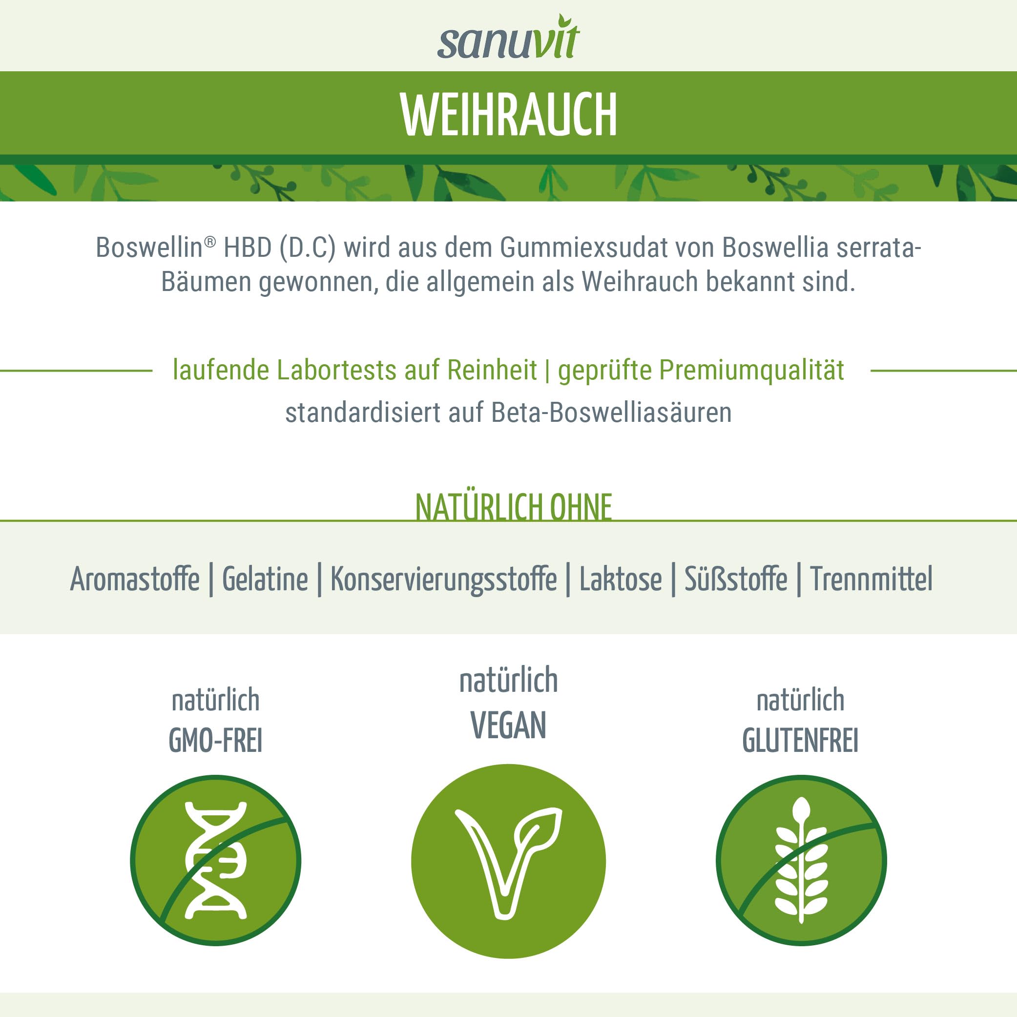 Sanuvit® - Weihrauch Kapseln 500 mg | 180 Kapseln | Hochdosiert | Indischer Boswellia serrata | Hohe Bioverfügbarkeit | Mit Premium Rohstoff Boswellin® | Vegan | Hergestellt in Österreich