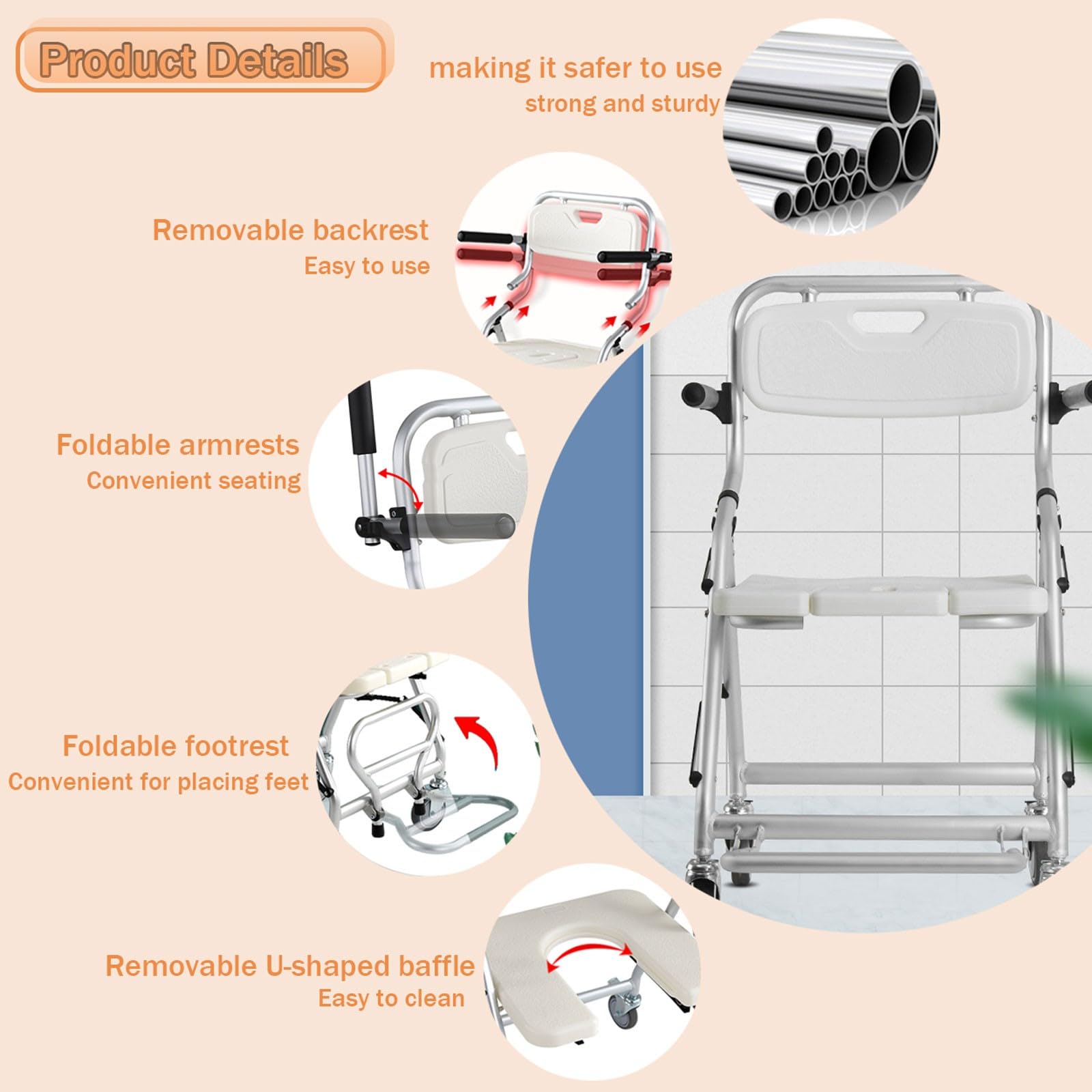 Silla de Ducha con Ruedas Plegable, Silla de Baño para Mayores con Ruedas y Frenos, Taburete de Ducha de Aluminio para Uso de Personas Mayores con un Peso de hasta 120kg