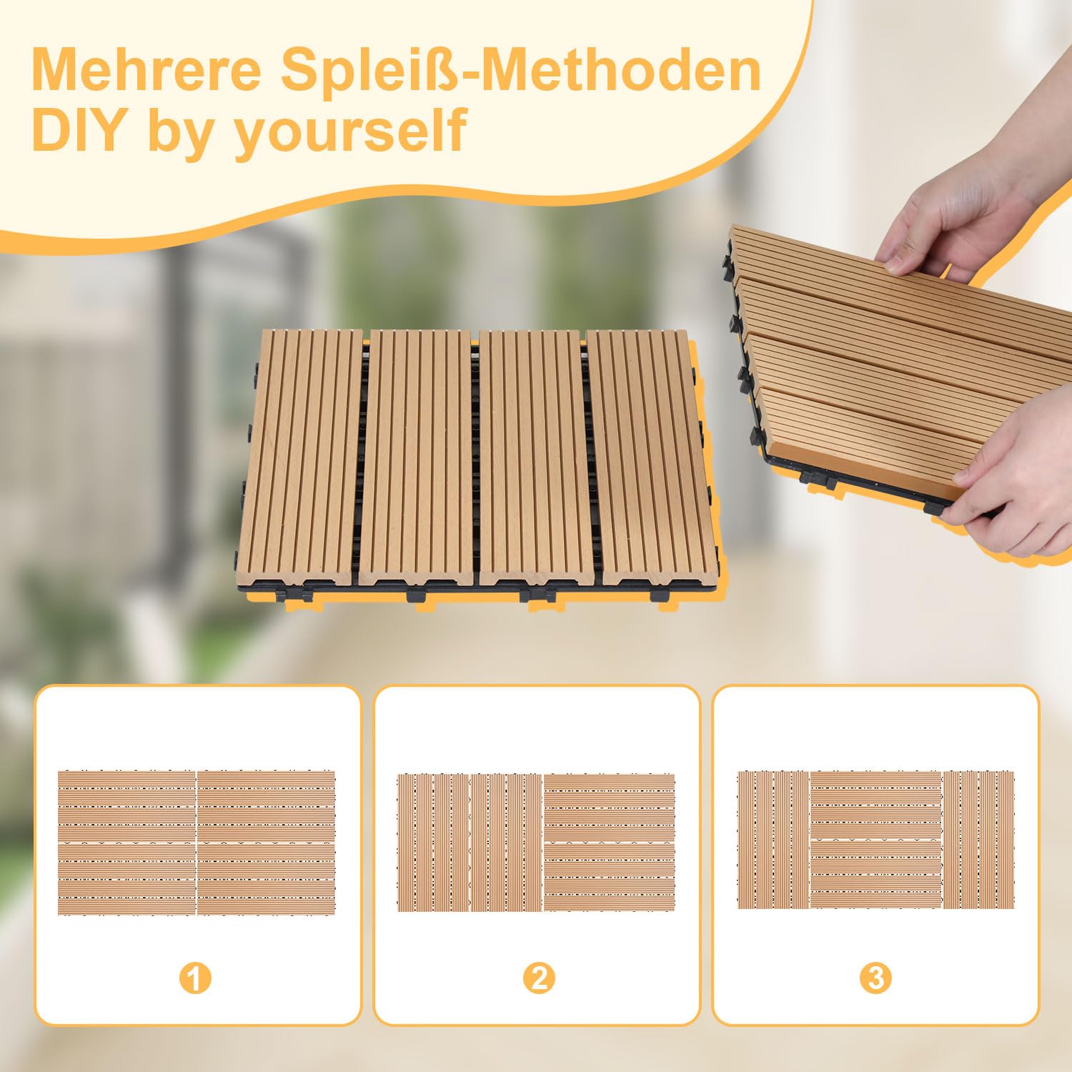 Fiqops 24 piastrelle per terrazze in WPC, 30 x 60 cm, piastrelle da giardino con sistema a clic, piastrelle per terrazze, piastrelle a clic, impermeabili, per 4 m² teak