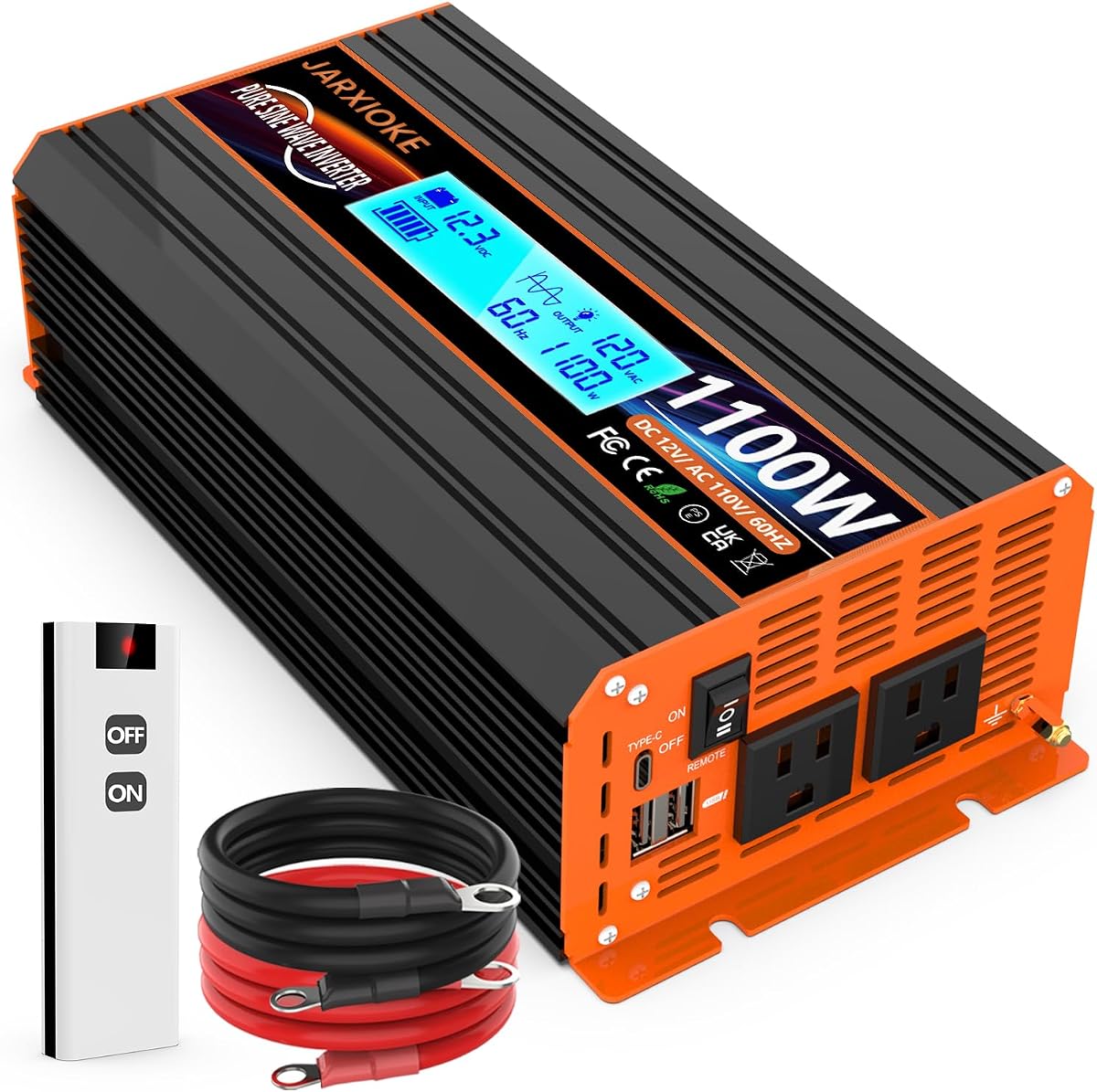 1100 Watt Pure Sine Wave Power Inverter 12V DC to 110V 120V Converter for Family RV Off Grid Solar System Car with Type-C Ports 2 AC Power Outlets Dual USB Ports LCD Display Wireless Remote Control