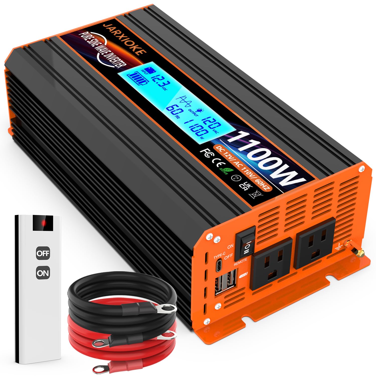 1100 Watt Pure Sine Wave Power Inverter 12V DC to 110V 120V Converter for Family RV Off Grid Solar System Car with Type-C Ports 2 AC Power Outlets Dual USB Ports LCD Display Wireless Remote Control