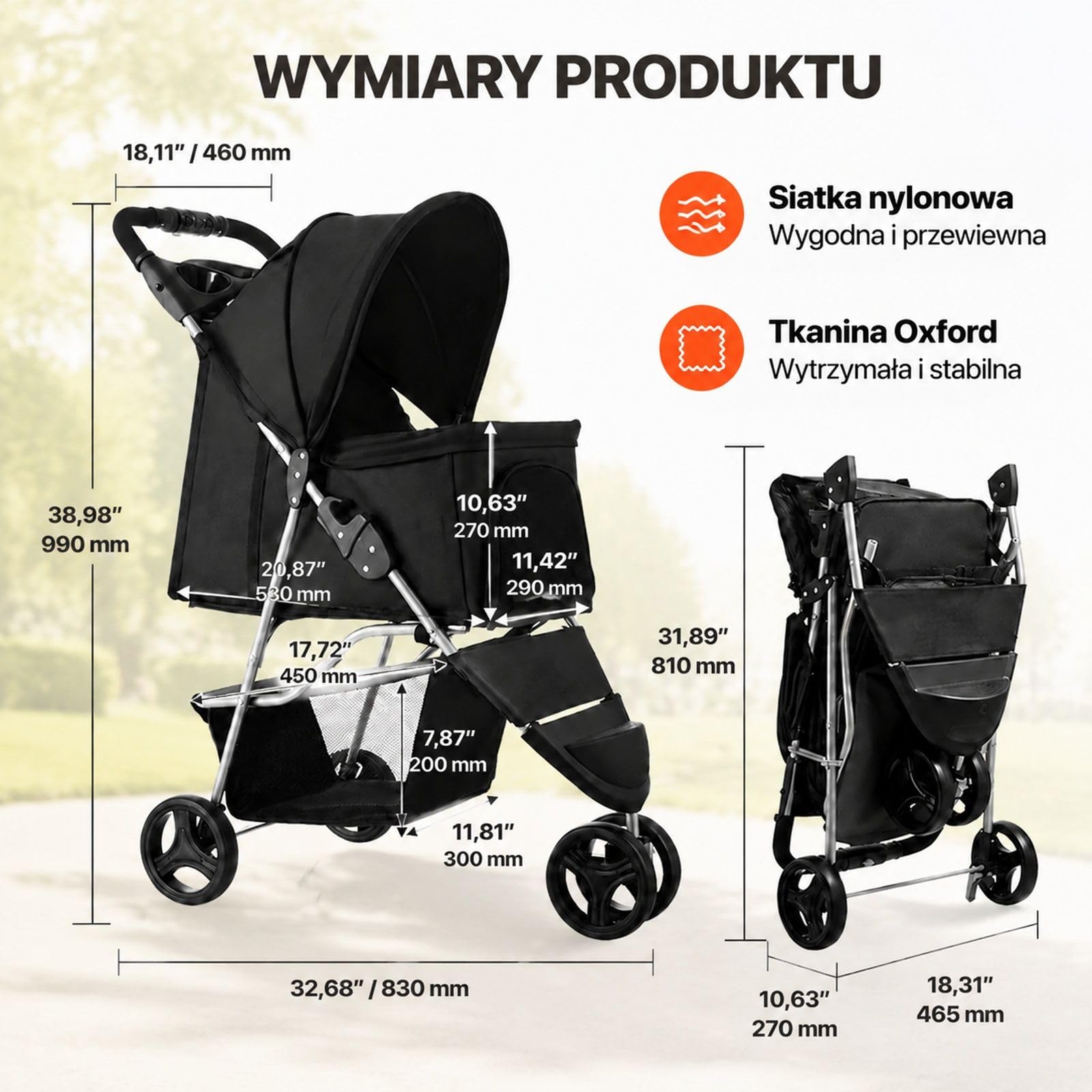 Składany wózek dla psa i zwierząt domowych do 16 kg, wózek spacerowy dla pupila na spacery i podróże